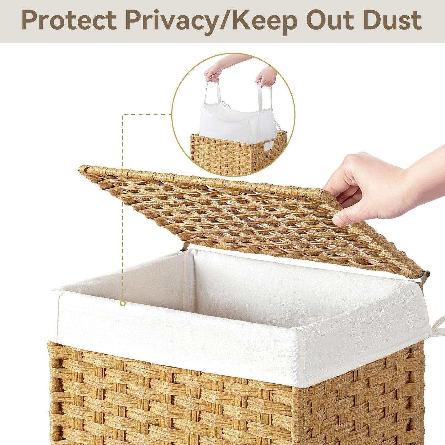 Chrislley 90L Slim Laundry Hamper with Wheels, Rolling Laundry Basket with Lid and Renovable Liner Bag, Handwoven Rattan Organizer for bedroom, bathroom, laundry room (Yellow)