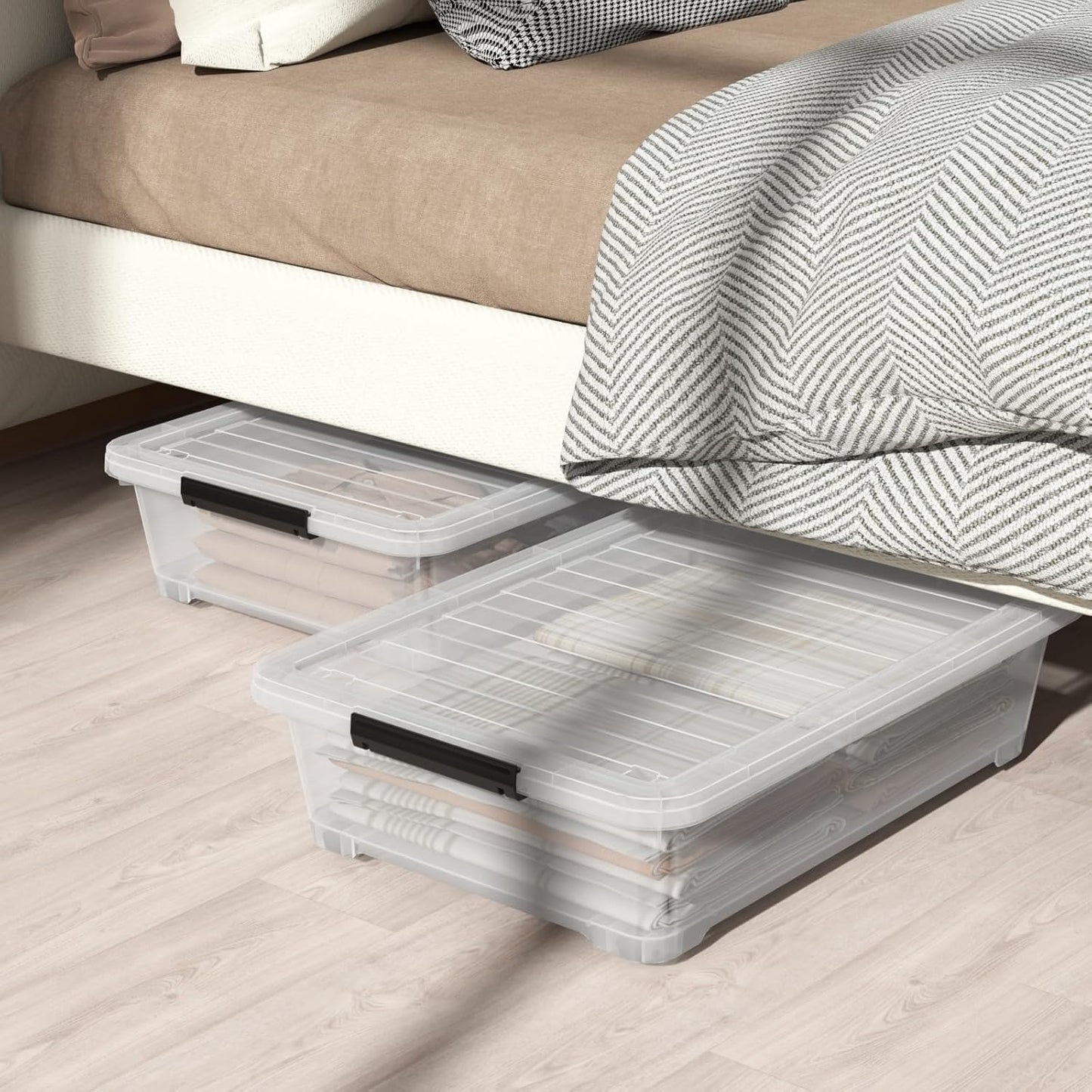 3 Pack 20 Qt Wheeled Latching Storage Box, Stackable Underbed Bin with Latch Lid, Clear