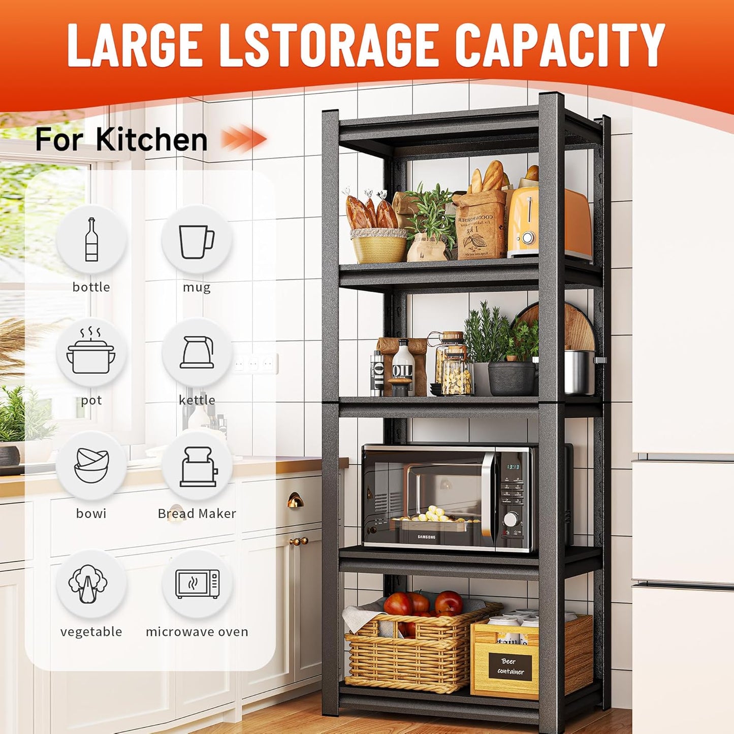 5-Tier Metal Storage Shelves,Adjustable Heavy Duty Shelving Units,Kitchen Shelves Organizer,2750 LBS,Standing Shelf for Pantry Garage Laundry Room (71" H*45.3" W*17.7" D)