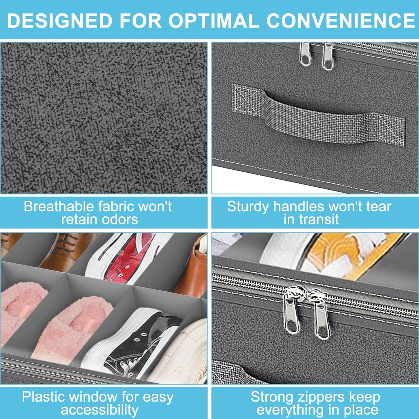 2 Pack Under Bed Shoe Storage Organizer for Closet, Fits Total 32 Pairs Foldable Underbed Shoes Containers Boxes Under the Bed Storage with Sturdy Handles&Clear Window for College Dorms, Light Grey