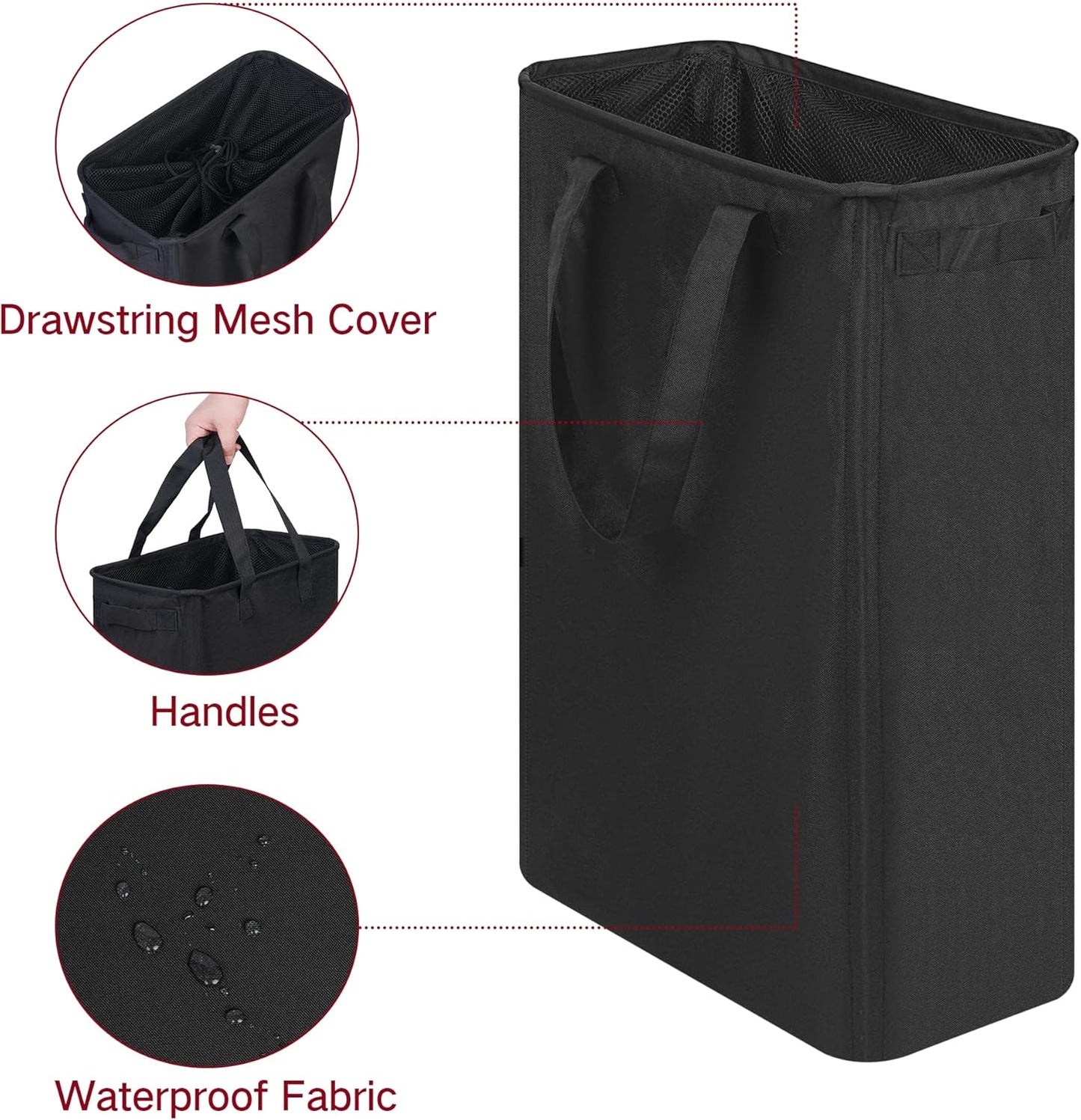 efluky Slim Laundry Basket, Narrow Laundry Hamper with Handles, Collapsible Dirty Clothes Hamper, Tall Laundry Bin for Laundry Room, Dorm and Bedroom, 12.7 Gallons(48L) Black