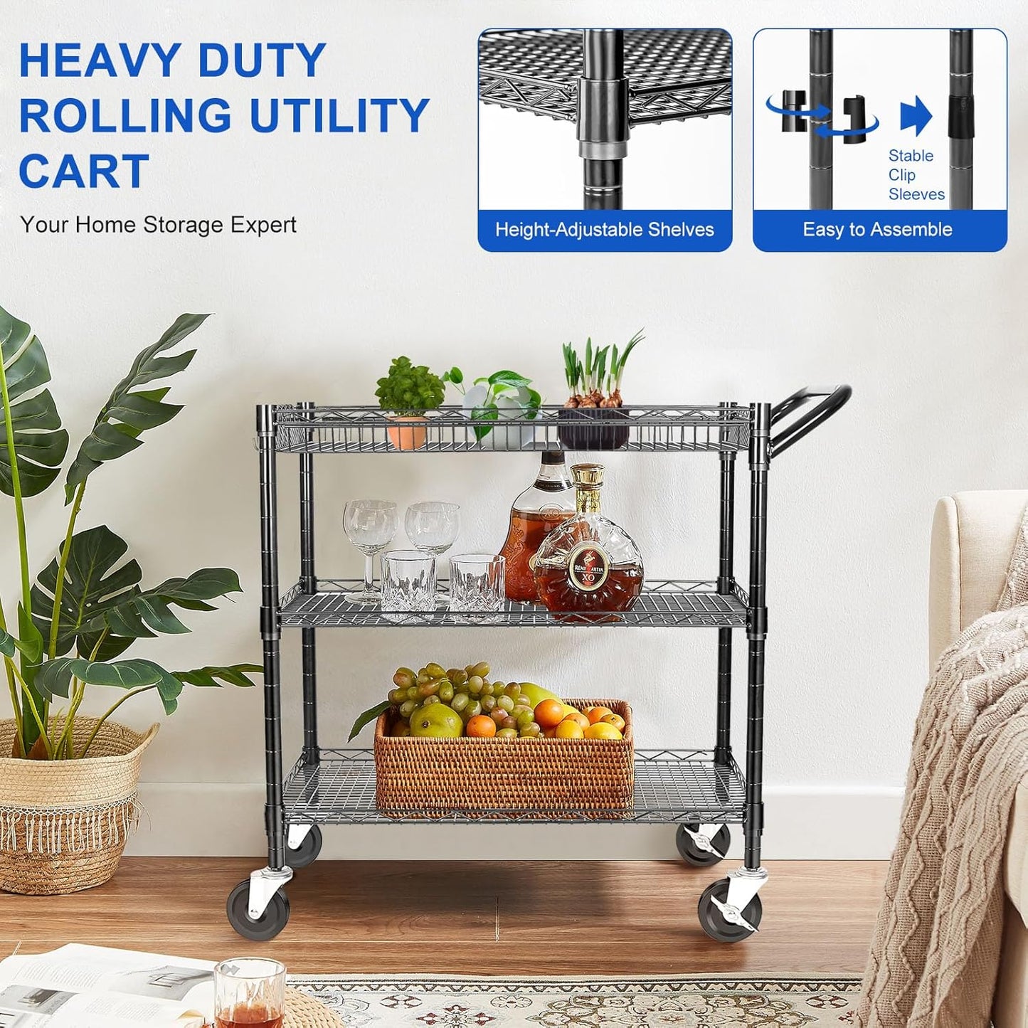 YNN Black Utility Rolling Cart,990Lbs 3 Tier Heavy Duty Metal Cart with Wheels & Handle NSF Wheeled Cart 31" D x 18" W x 33" H for Bedroom, Bathroom, Kitchen,Garden,Decor,Serving
