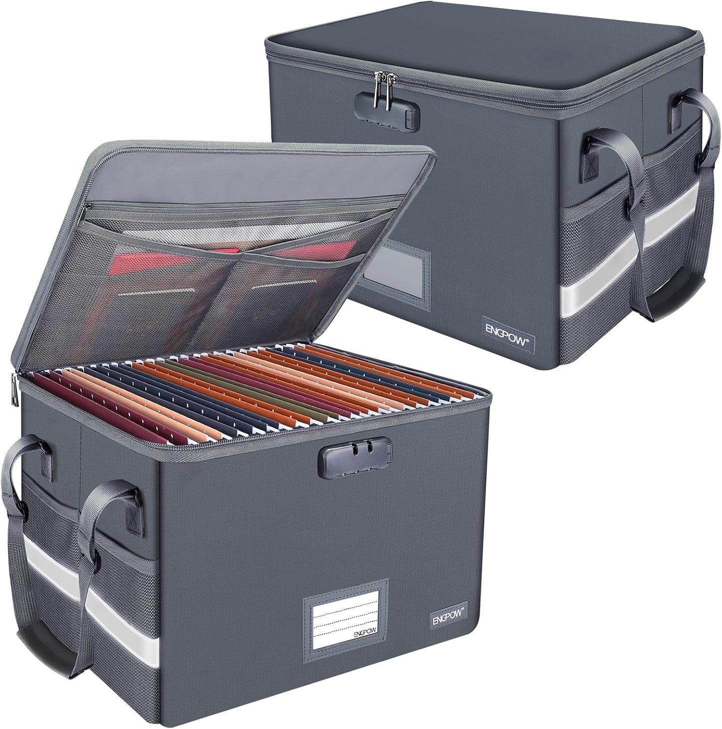 ENGPOW File Box with Lock, Fireproof Document Box with Pockets, Collapsible File Organizer Filing Storage Cabinet with Handle, Portable Home Office Safe for Hanging Letter/Legal Folders,Gray,2 Pack