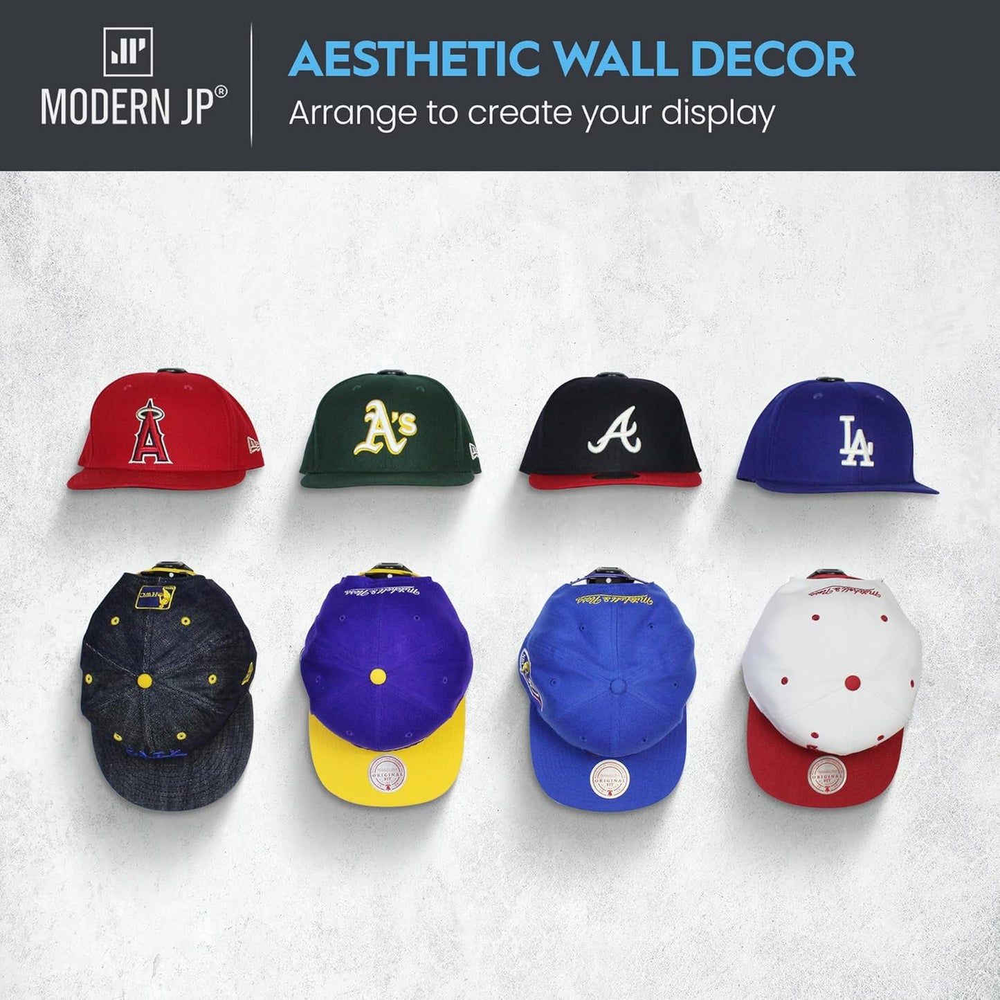 Modern JP Adhesive Hat Hooks for Wall (8-Pack) - Hat Rack for Baseball Caps, Minimalist Hat Display, Strong Hold Hat Hangers for Wall - USA Patented, Black