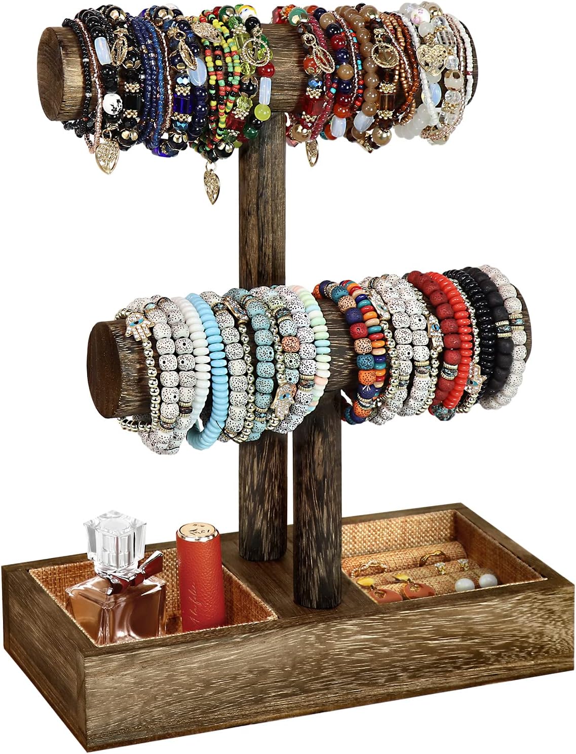 LadyRosian 2 Tier Wooden Display Jewelry Accessory Stand Jewelry Bracelet Holder Bangle Watch Necklace Storage Jewelry Box Organizer, (Brown-2 layers)