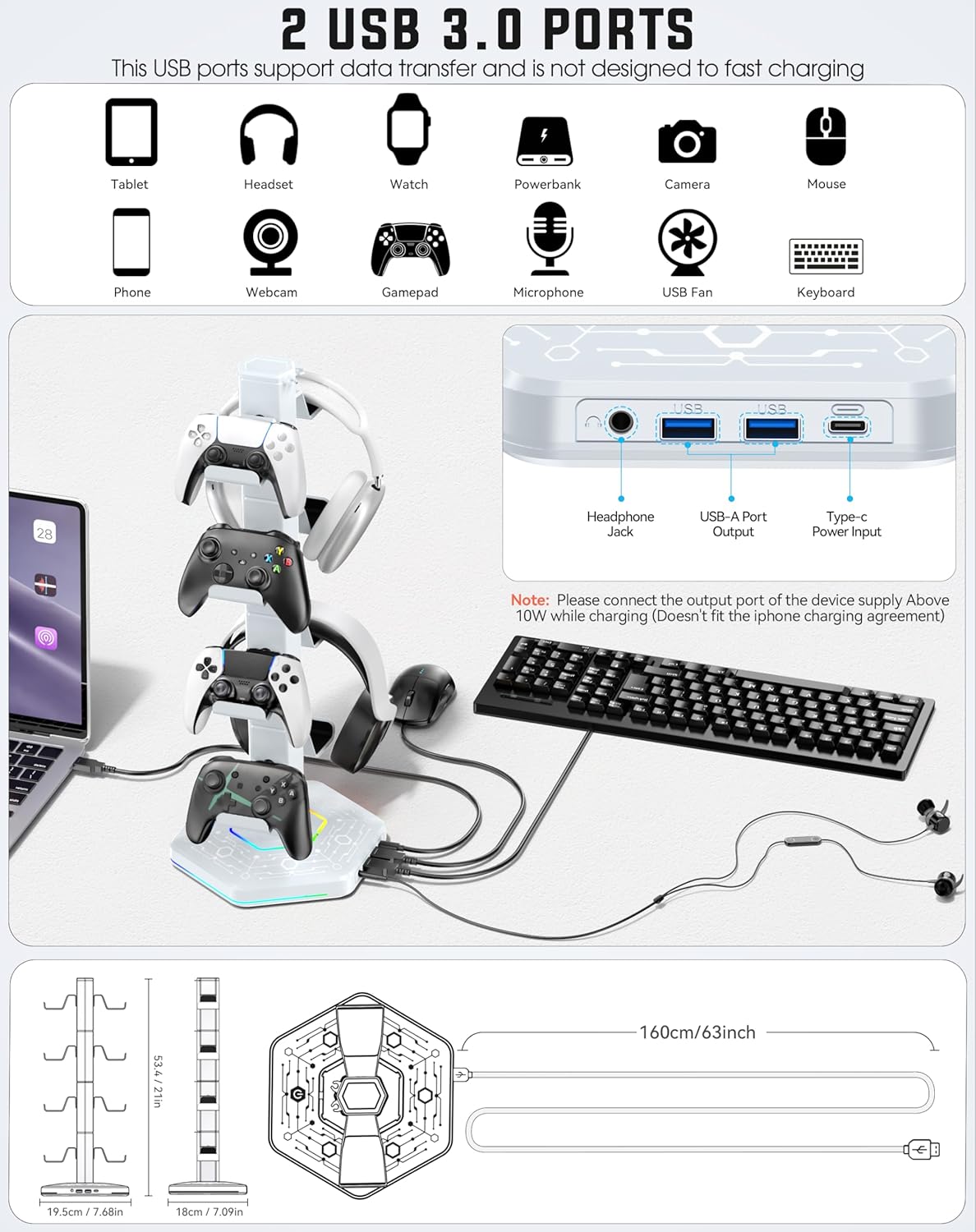 Kytok RGB Controller Holder for PS5/PS4/Xbox/Switch, Headphone Stand with 2 USB Charging Ports and Type-C and Headphone Jack, Headset Holder with Cable Organizer, Controller Stand for Desk, 4 Tiers