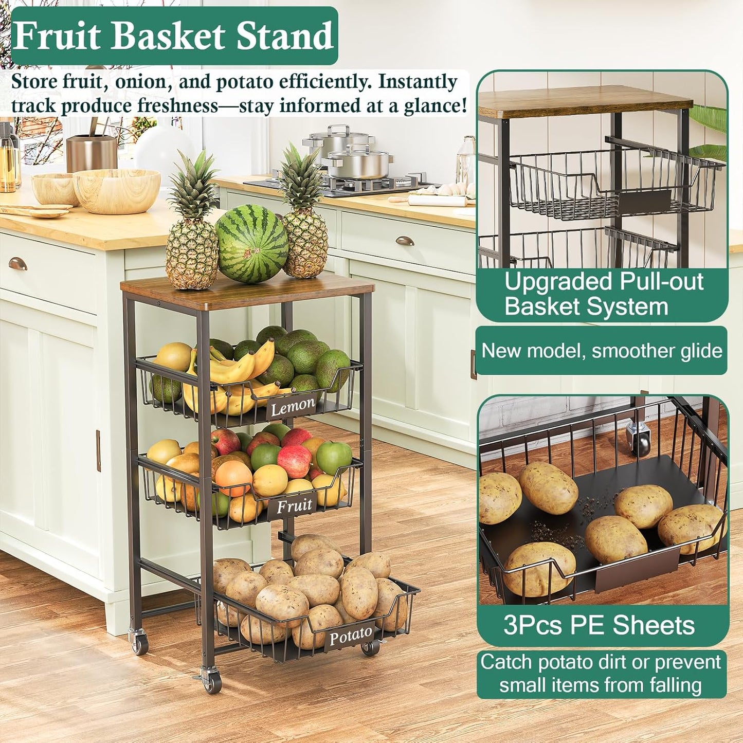 4-Tier Small Kitchen Storage Cart on Wheels, Metal Fruit Basket Stand with Pull-Out Baskets & Wood Top for Potato Onion Produce Snack Veggies