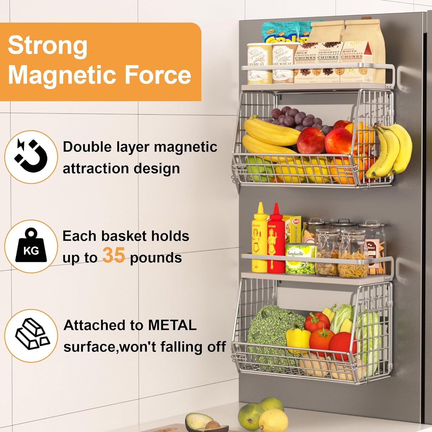 Magnetic Shelf for Fridge,Onion and Potato,Fruit and Vegetable Storage Hanging Basket,Kitchen Counter,RV Laundry Refrigerator Organziers,Magnetic Spice Rack for Refrigerator