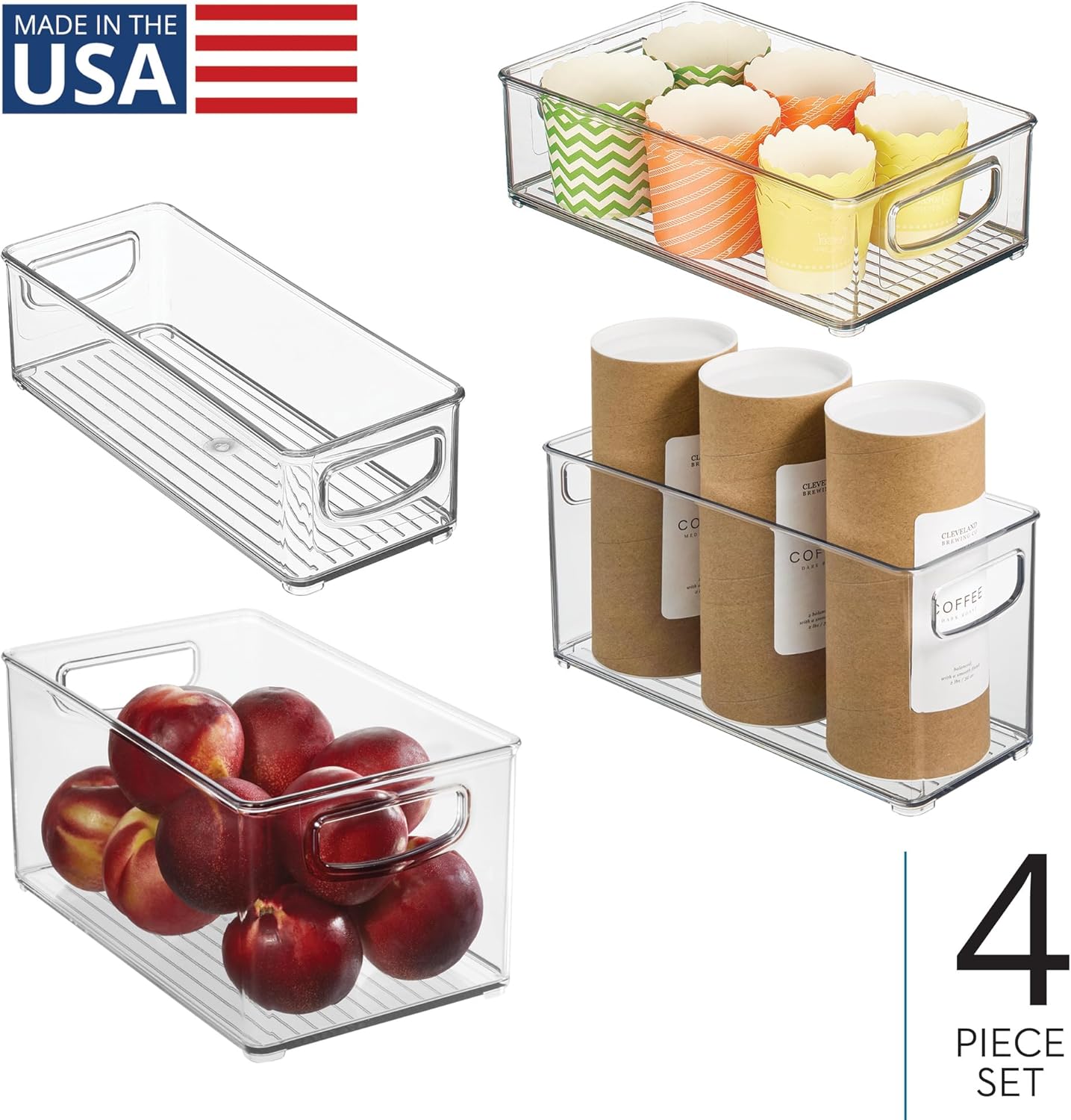 iDesign Stackable Storage Bins for Kitchen or Pantry, 4 Different Sizes, 4 Pack, Clear, Made in USA