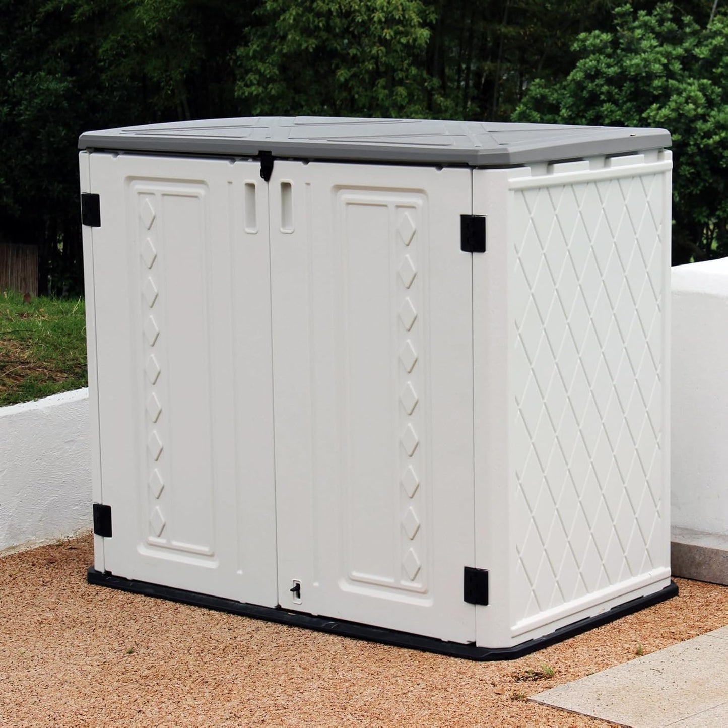 Horizontal Outdoor Storage Shed, 34 Cu.ft Outdoor Storage Cabinet Waterproof for Garden/Backyard/Home/Pool, Lockable (Off White)