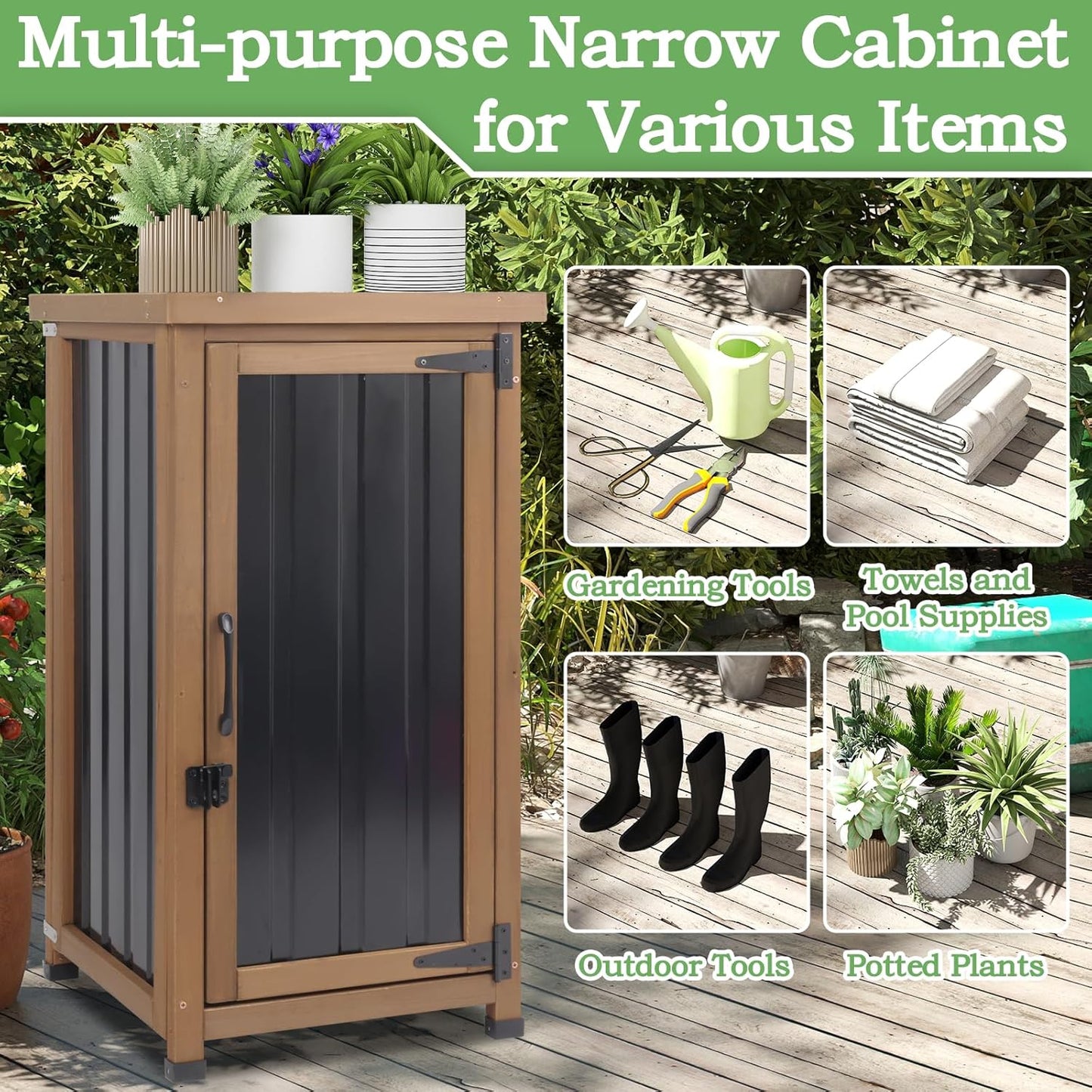 Small Outdoor Storage Cabinet Waterproof with Metal Top, Wood & Metal Outside Potting Bench Table Tool Organizer with Adjustable Shelf for Patio Backyard Garden