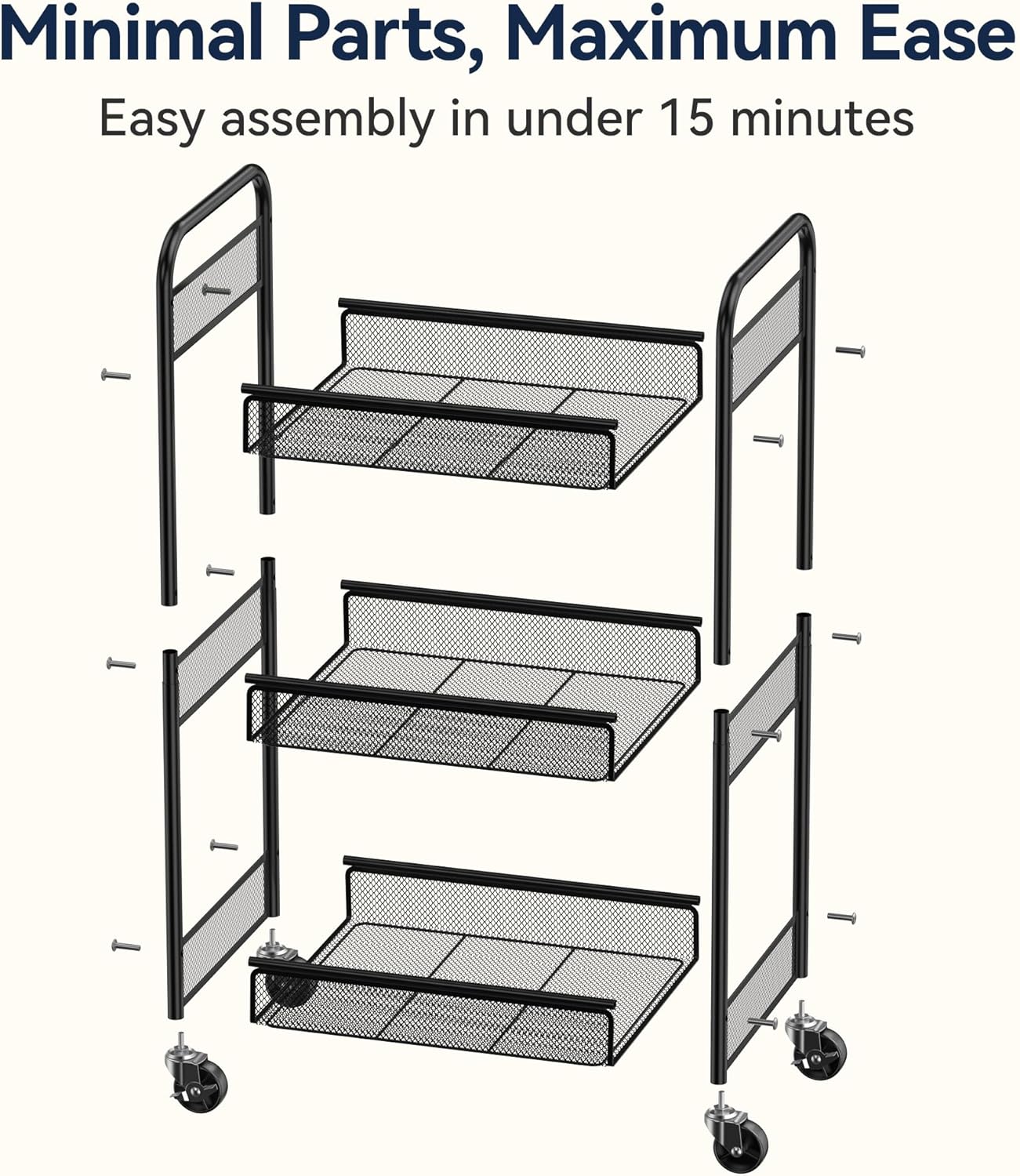 YASONIC 3 Tier Rolling Cart – Metal Utility Storage Carts with Wheels, Craft Cart Organizer with Hanging Cups, Hooks, Mesh Basket for Bedside Kitchen Office Art, Black
