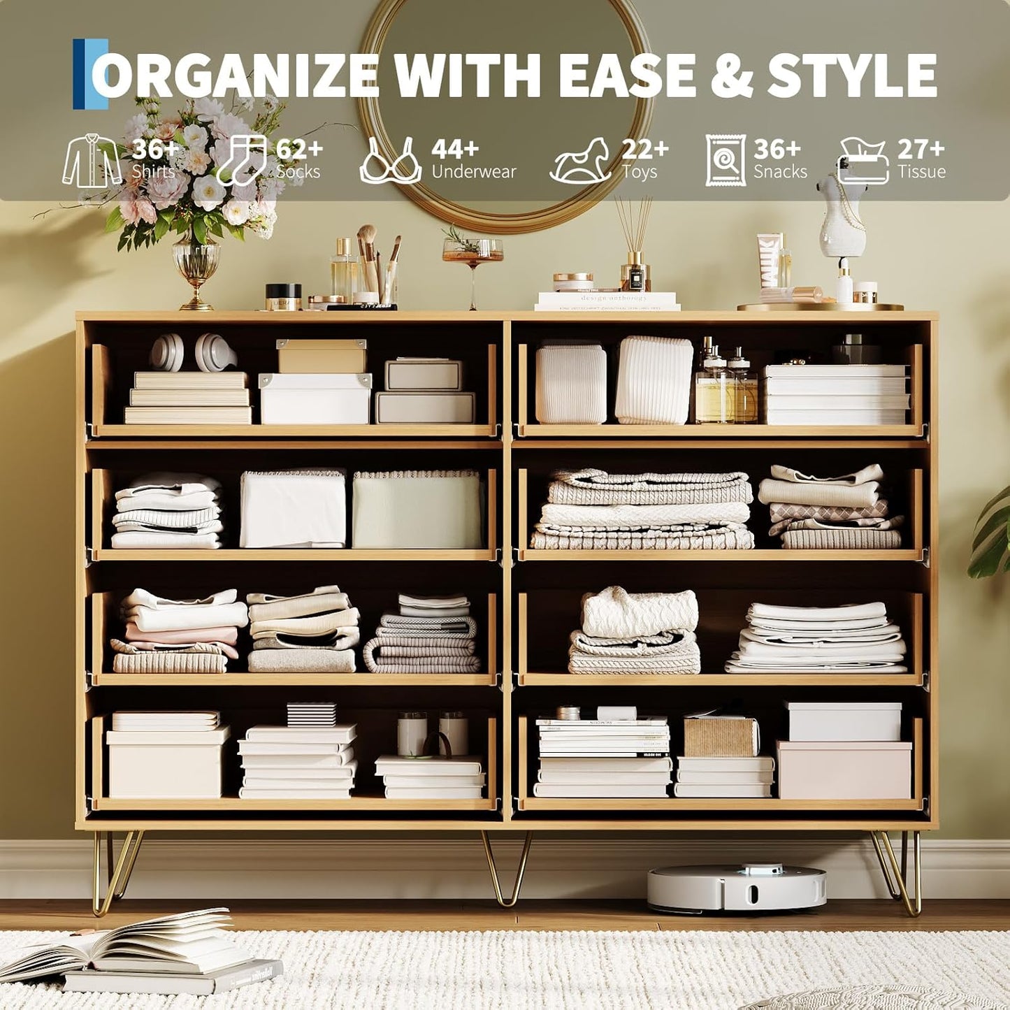 Garvee Fluted Dresser for Bedroom with 8 Drawers,55" Wide Modern Chest of Wooden Bedroom Chest with Metal Handle,Clothes Storage Organizer,Closet Dresser & TV Stand for Living Room,Hallway