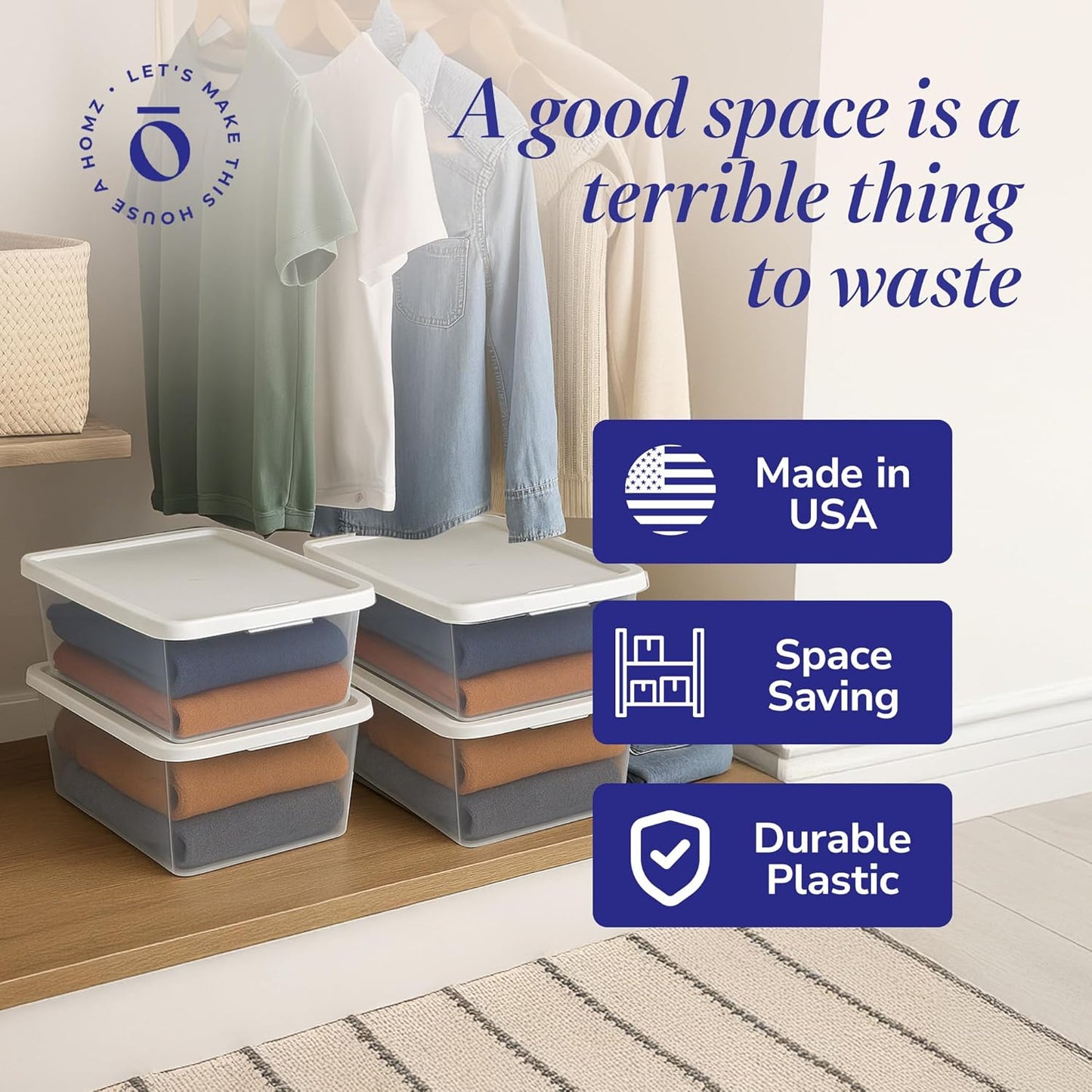 HOMZ 4-Pack Snaplock, Small Clear Plastic Storage Organizer Bins w/Lids, 12 Quart, White - Stackable Container Boxes for Bedroom, Bathroom, Garage, and Office Organization