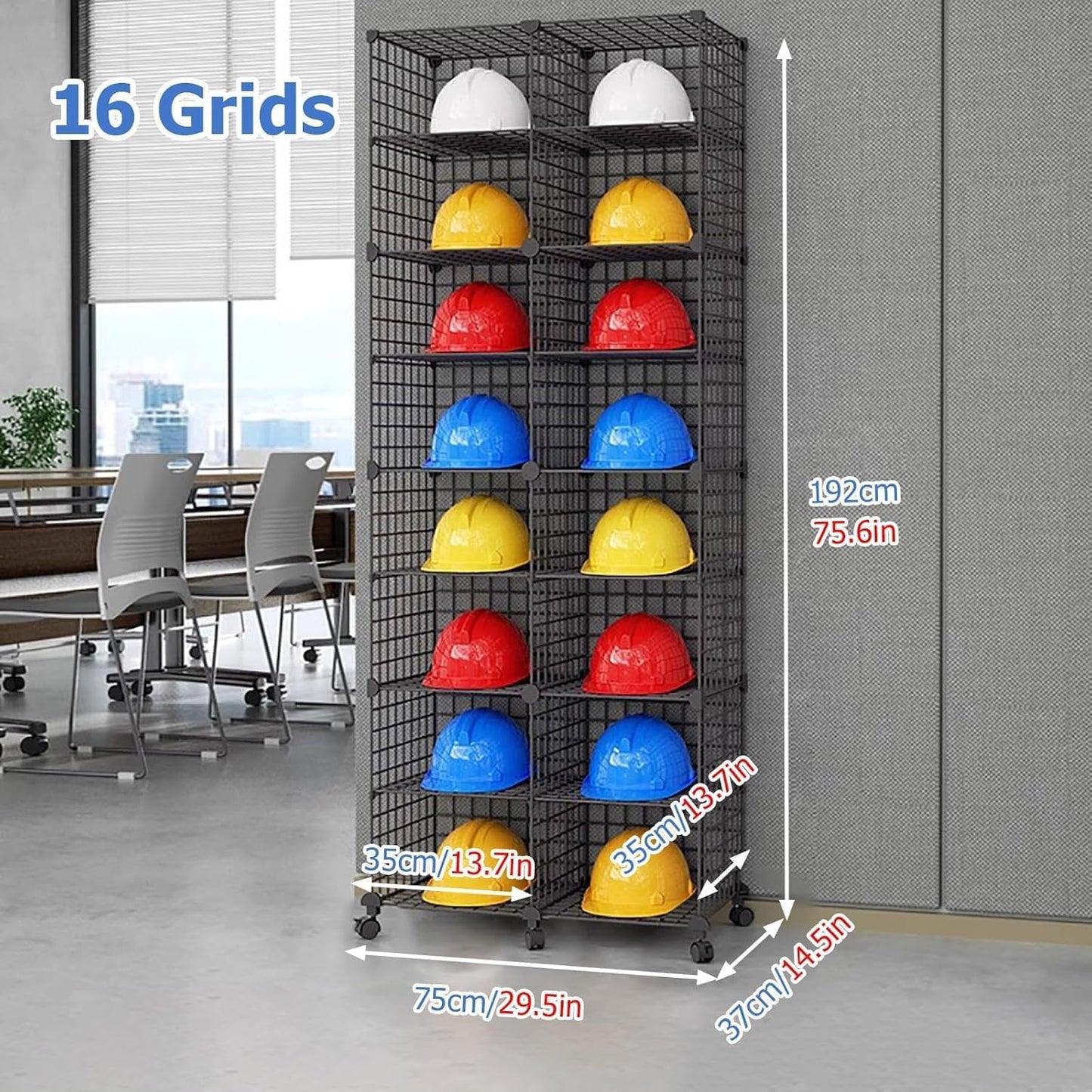 Stackable Safety Helmet Storage Boxes, Large Adjustable Hard Hat Placement Organizer Rack,with Wheels,for Construction Site/Garage/Workshop/Factory Helmet Display Shelf (Black, 16 Grids-2 * 8)