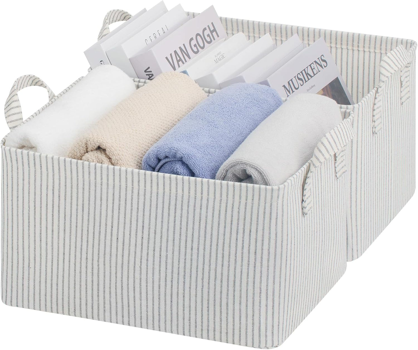 StorageWorks Storage Bins, Fabric Storage Bins for Shelves, Storage Baskets with Metal Frame, Closet Baskets and Bins with Handles, Khaki and Beige Stripes, 2-Pack