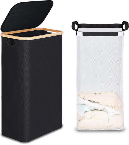efluky Slim Laundry Basket with Lid, Narrow Laundry Hamper with Removable Bag, Skinny Dirty Clothes Basket with Bamboo Handles for Bathroom, Bedroom & Laundry Room, 75L Black
