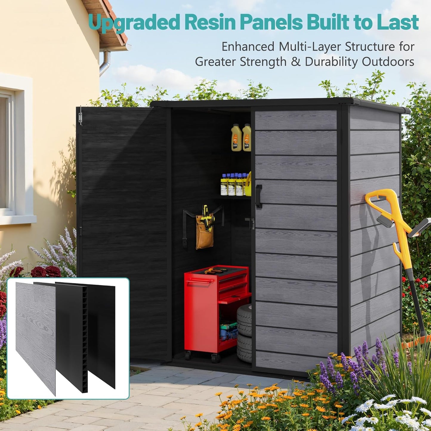 Outdoor Storage Shed, 56.8 Cu.Ft Resin Shed, 4.6 x 5.6 FT Waterproof Garden Tool Shed with Double Doors & Adjustable Shelves, Backyard Storage Cabinet for Tools, Bikes & Patio Furniture (Darkgray)