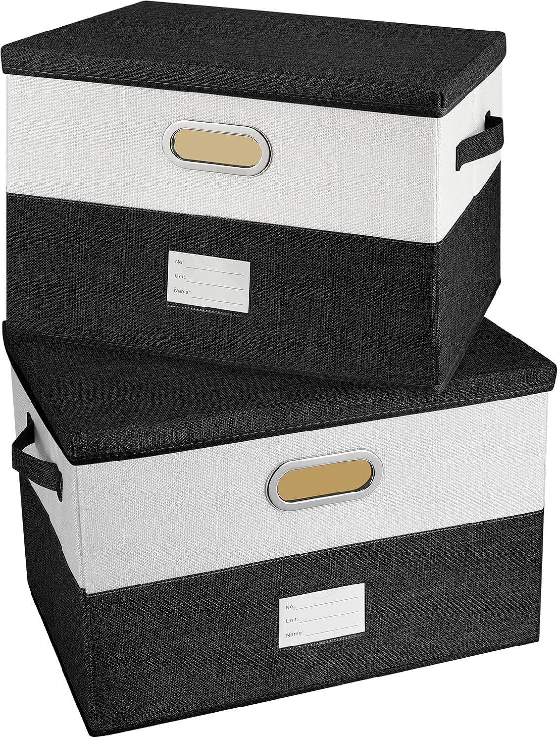 Large Linen Fabric Foldable Storage Bins with Removable Lid and Handles, Washable Storage Box Organizer Containers Baskets Cube with Cover for Bedroom,Closet,Office(Black&White, Large(2-Pack))