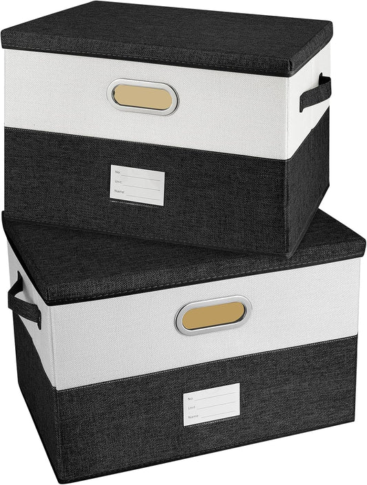Large Linen Fabric Foldable Storage Bins with Removable Lid and Handles, Washable Storage Box Organizer Containers Baskets Cube with Cover for Bedroom,Closet,Office(Black&White, Large(2-Pack))