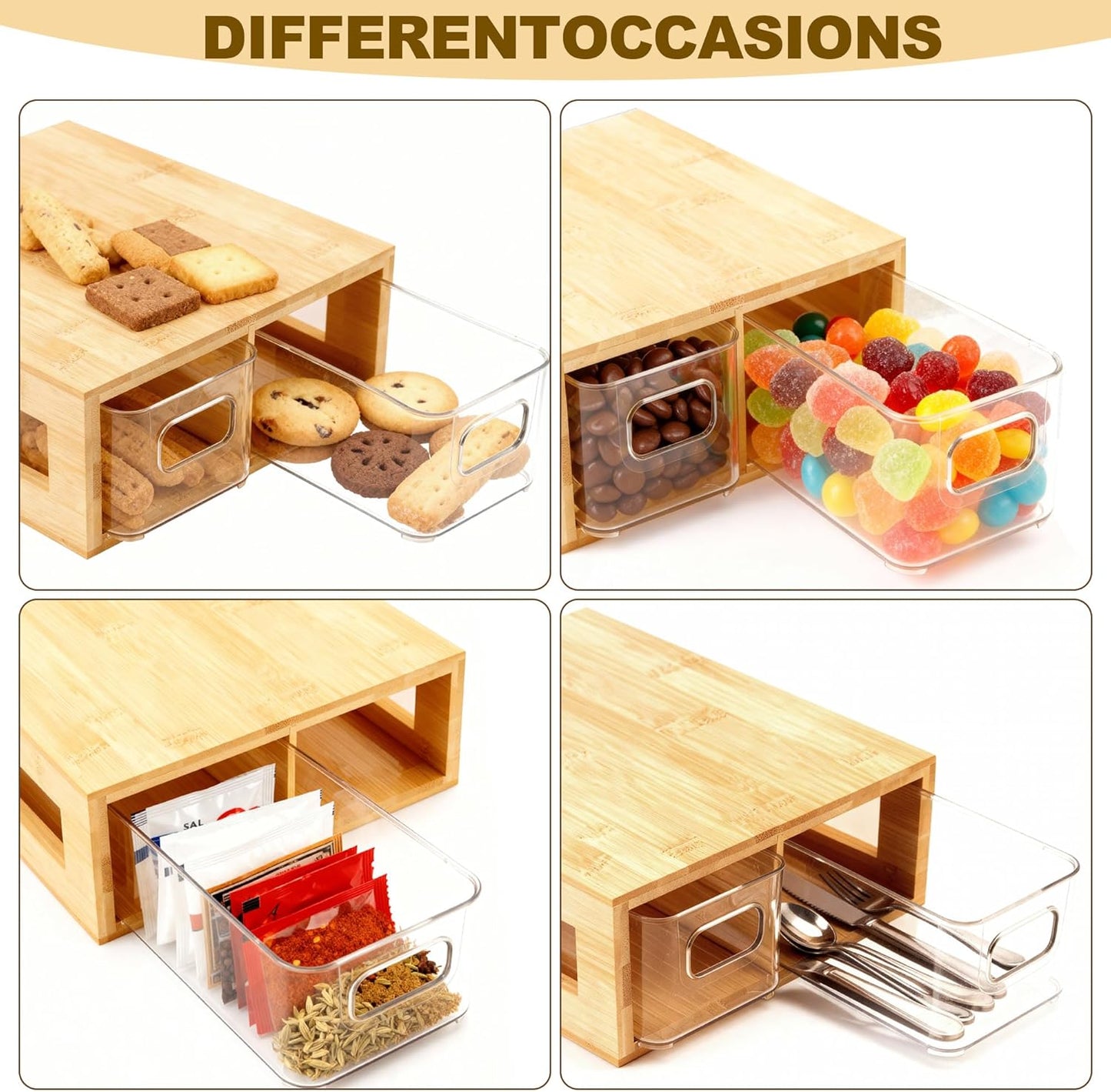 Tea Bag Organizer, Bamboo and Acrylic Drawer Tea Bag Holder Wood Tea Bag Storage for Drawers with 2 Roomy Compartments for Kitchen Living Room