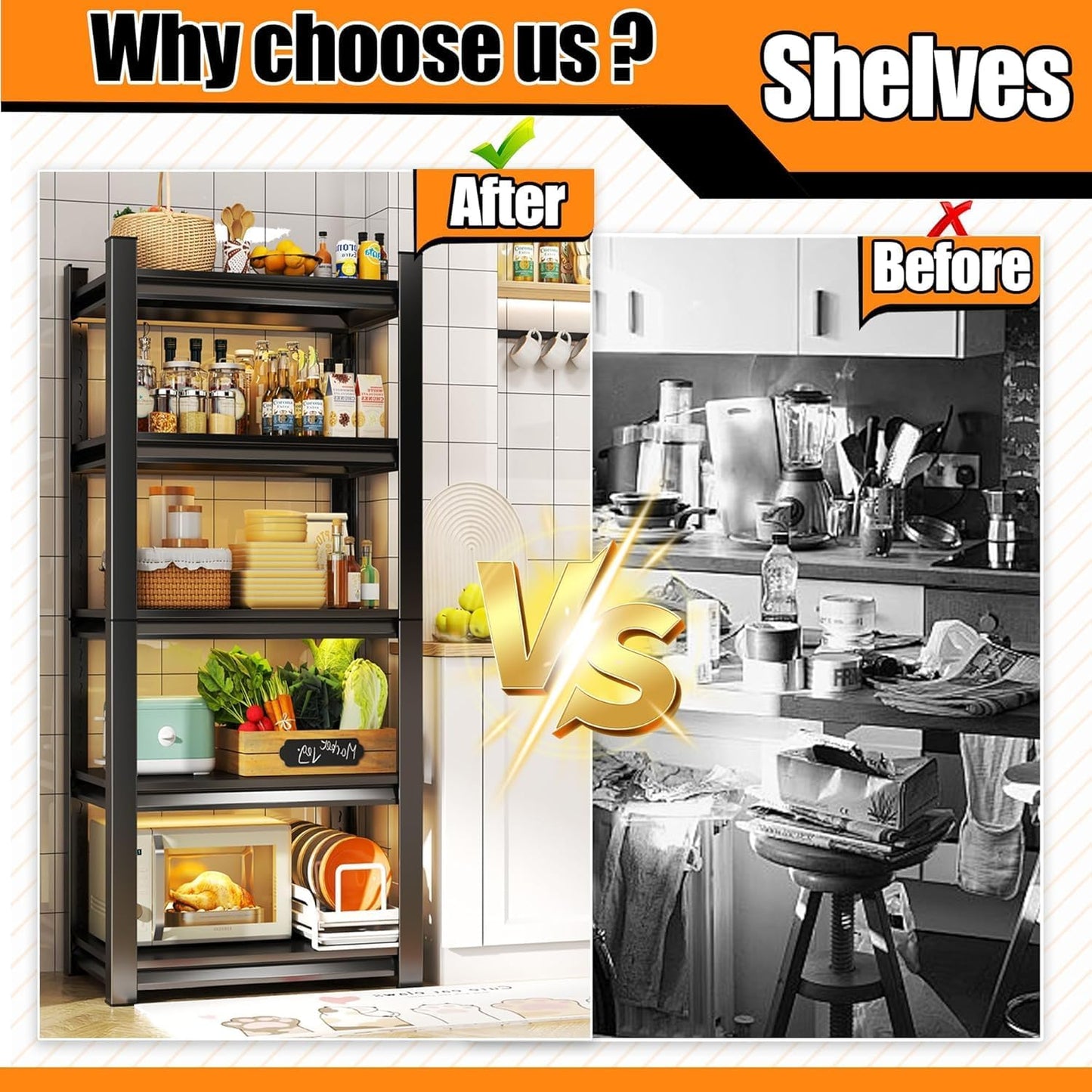 Garage Storage Shelves,5 Tier Shelving Unit, 40 inch Wide, 18” Deep, 78” Tall Organizer Metal Shelf for Basement/Laundry/Pantry Heavy Duty, Adjustable,Easy to Install (5Tier-47"Wx18"Dx78"H with Fence)