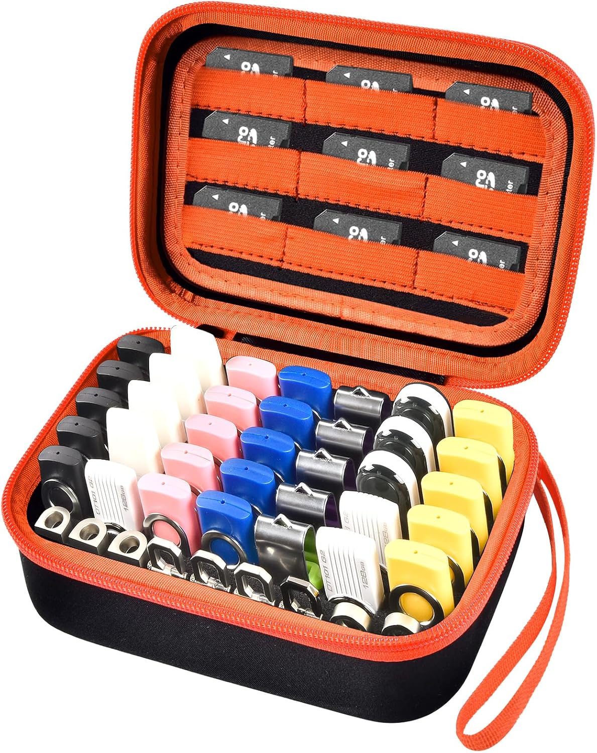 Comecase USB Flash Drive Case, Thumb Drive, Memory Card SD SDXC SDHC Card Holder Organizer, Electronic Accessories Storage Bag for SanDisk/SamData/Samsung/TOPESEL/PNY (Orange Inside, Large)