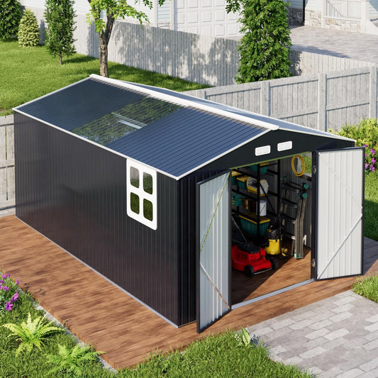 Metal Shed 10x16 FT with Floor Frame Kit, Big with Heavy-Duty Reinforced Steel Frame and Customizable Skylight, Lockable Doors, 4-Pane Windows, Large Outdoor Storage for Garden, Tools, and Utility