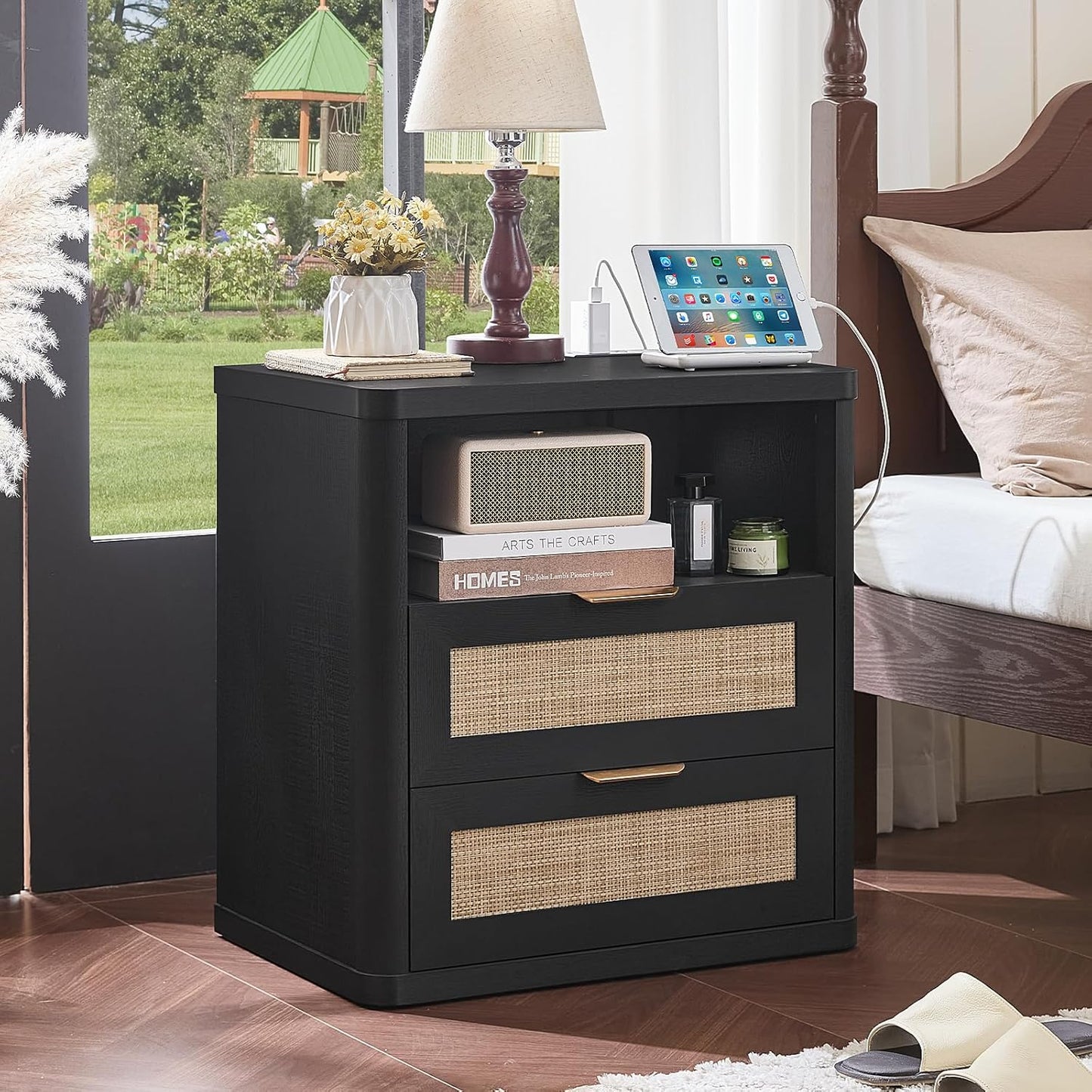 LEYAOYAO Rattan Nightstands with Charger Station, 23" Wide Boho Night Stand with 2 Drawers, Black Bedside Table Open Shlef, Bed Side End Table Dresser for Bedroom, Living Room Hallway