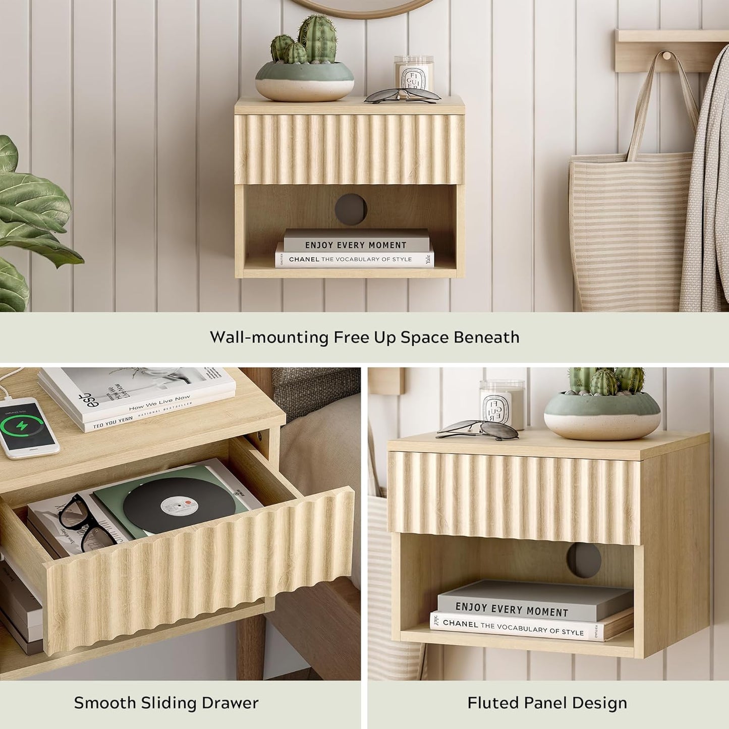 Small Floating Nightstand with Drawer, Modern Night Stand with Fluted Door and Open Storage Shelf Wall Mounted Bedside Table for Bedroom, Entryway Light Oak