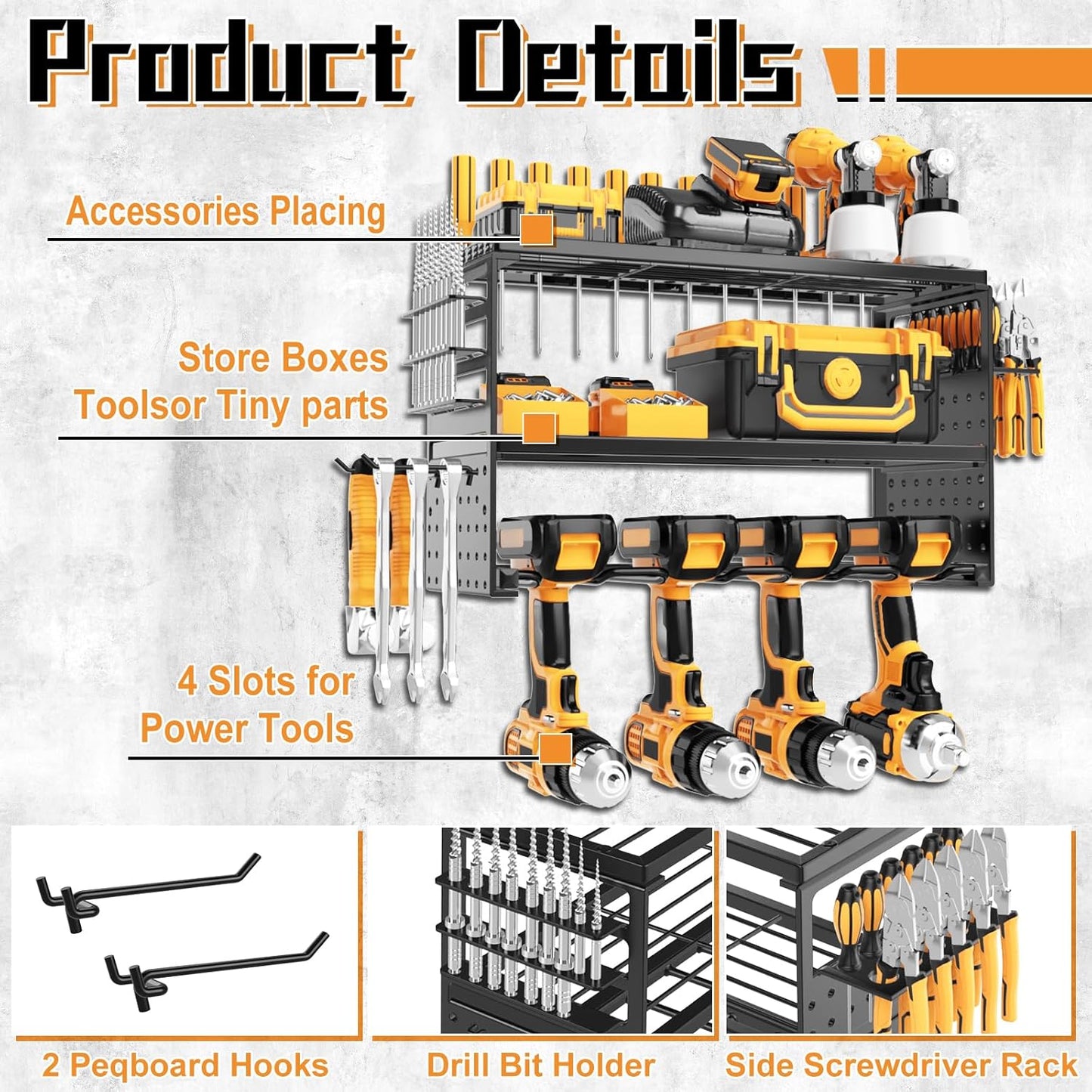 Power Tool Organizer Wall Mount, 150Lbs Load 3 Layer Heavy Duty Metal Tool Shelf with 4 Drill Holders, Garage Workshop Storage for Cordless Tools Batteries Screwdrivers(Black A)