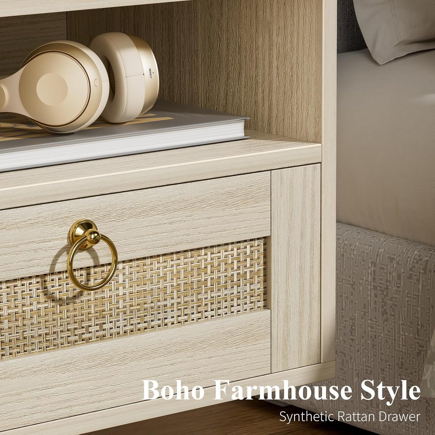 Floating Nightstand with Drawer for Wall Mounted Hanging Rattan Night Stand Bed Side Tables Wooden End Table Small Boho Dressers Farmhouse Shelves for Bedroom