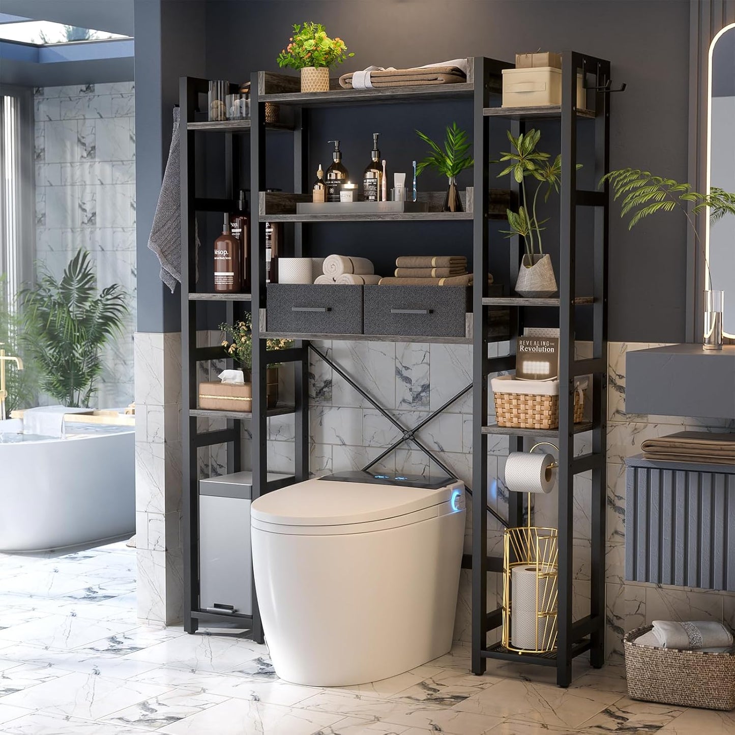 Over The Toilet Storage with 2 Drawers - 11 Tier Bathroom Organizer Freestanding Space Saver Storage Rack with Adjustable Shelf Above Toilet Stand with 4 Hooks for Restroom, Laundry, Grey Oak