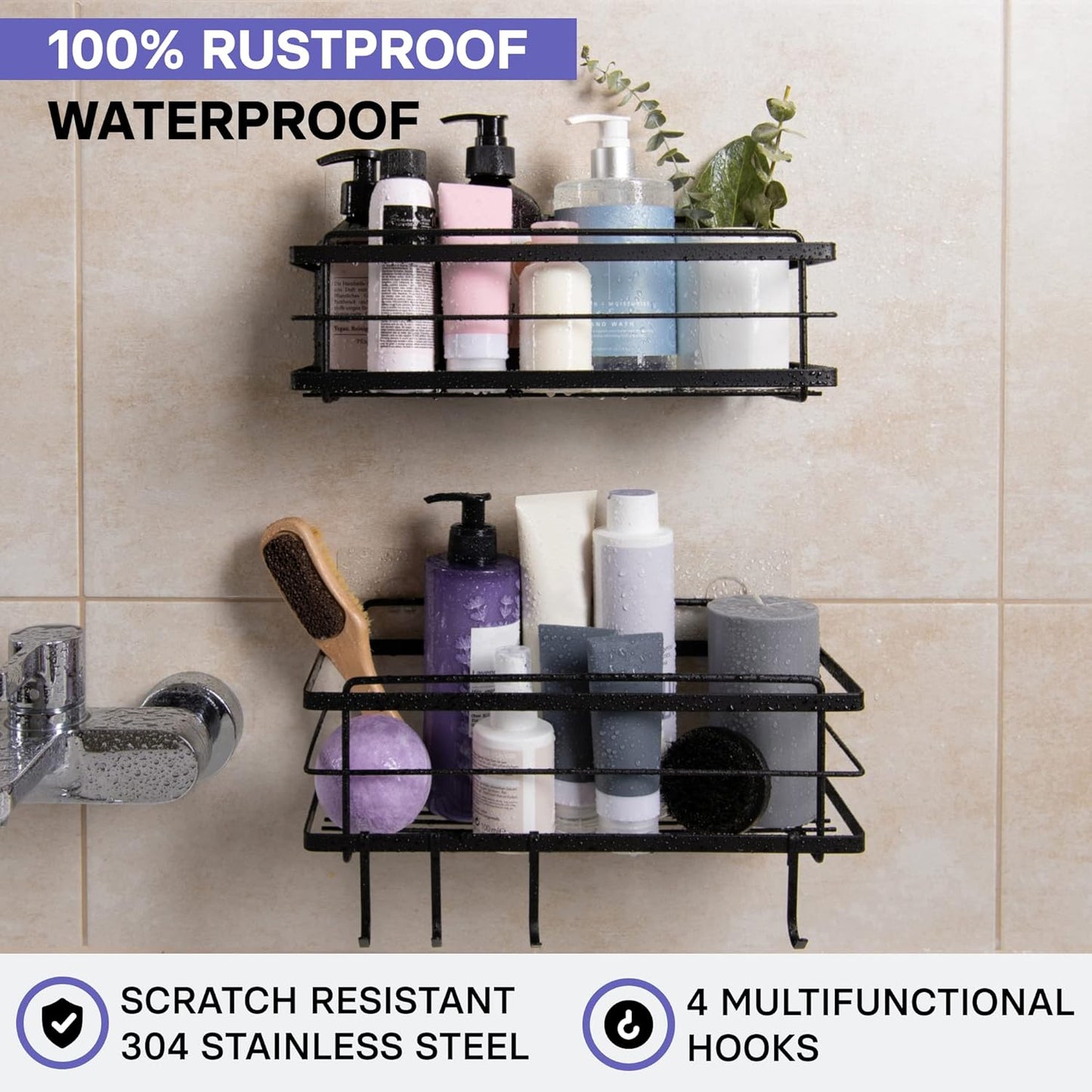 KINCMAX Premium Shower Caddy, 2-Pack Adhesive Shower Organizer, No Drill Bathroom Shelves, Rustproof Stainless Steel Shower Shelves for Inside, Shampoo Holder, Storage Rack, Matte Black
