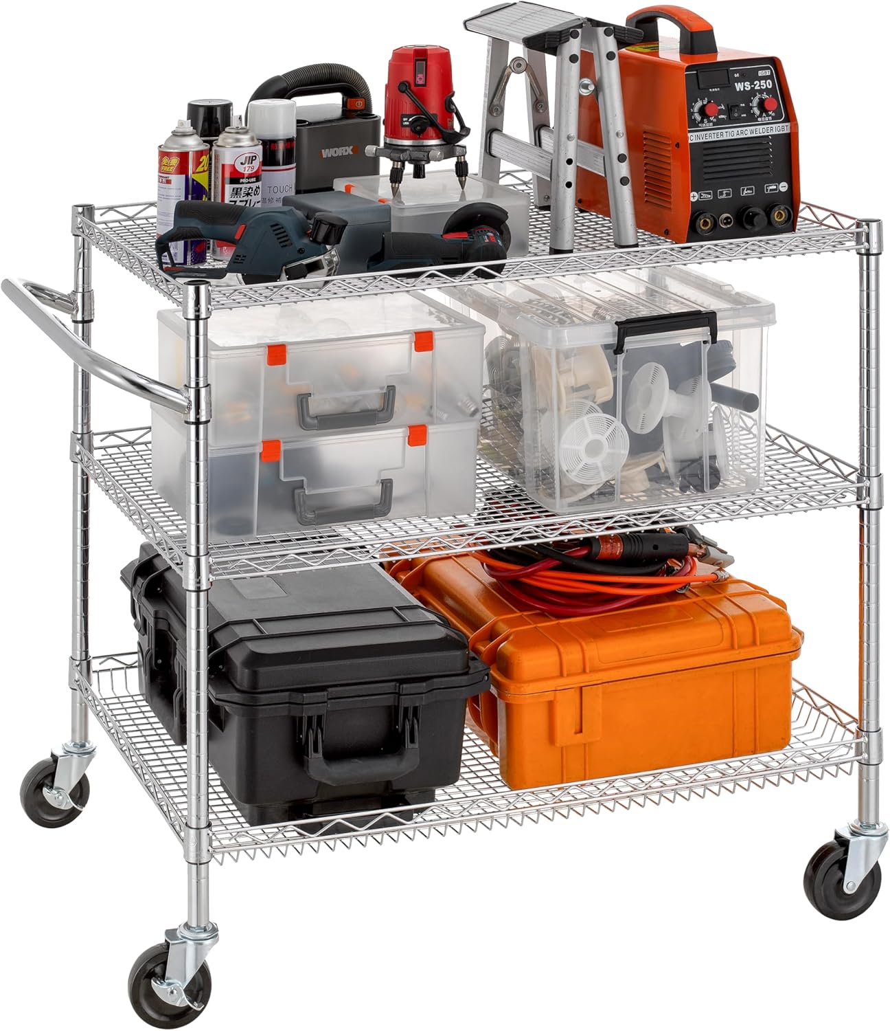 Finnhomy 3 Tier Heavy Duty Commercial Grade Utility Cart, Wire Rolling Cart with Handle Bar, Steel Service Cart with Wheels, Kitchen Carts on Wheels, Metal Cart Shelf Size 24" D x 36" W, NSF, Chrome