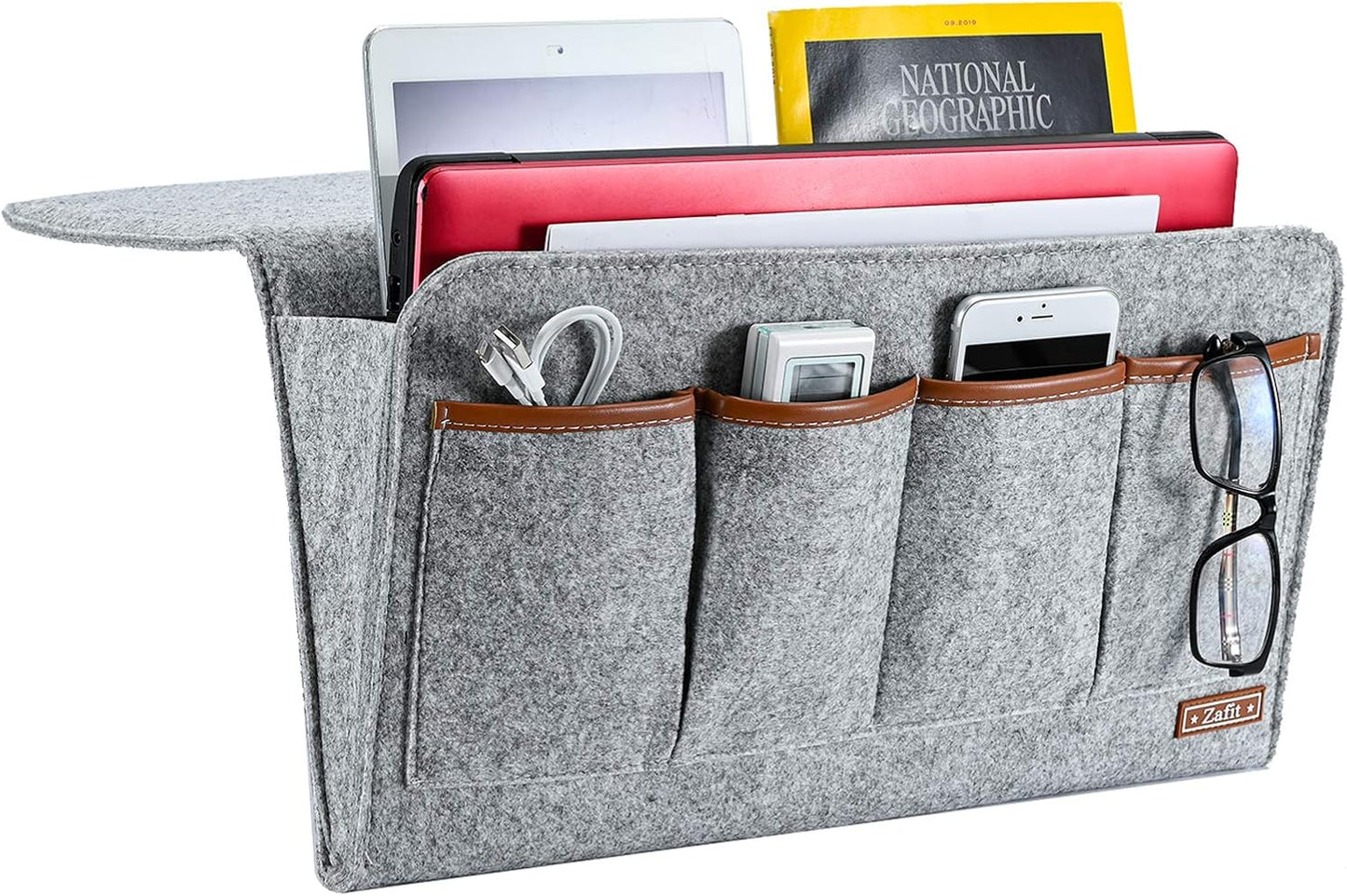 Bedside Caddy, Large Size Storage Organizer with 7 Pockets for Magazine, Remotes, Phone (17.3'' x 18.1'', Light Grey)