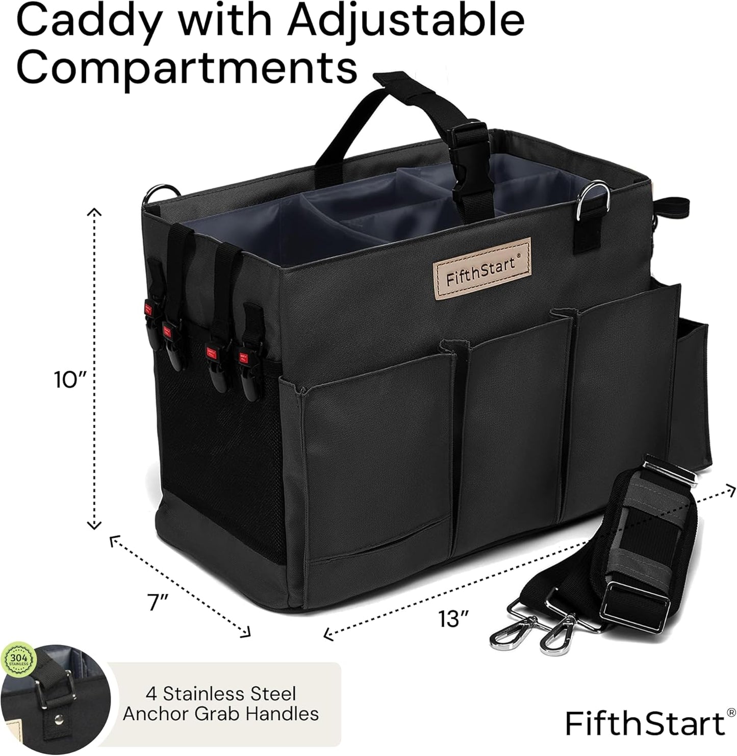 FifthStart Multiuse Cleaning Caddy with Waist & Shoulder Strap - Diaper Caddy & Beach Bag - 9 Pockets & Mesh Base - Adjustable Compartments (Black, Small) - Cleaning Supplies Organizer Bag