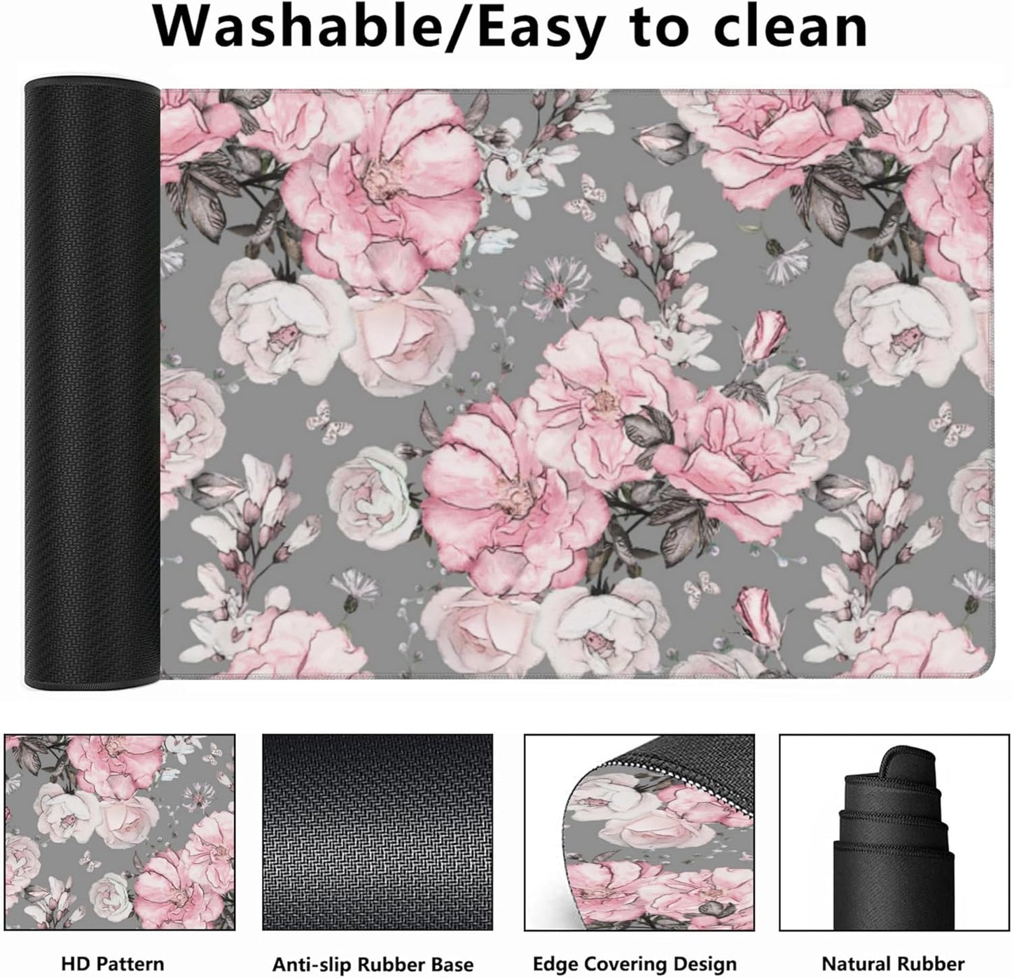 Desk Mat,Flower Rose Gaming Mouse Pad,XXL Extended Mouse Pad Mat for Office,Computer,Keyboard with Non-Slip Base Stitched Eges Mousepad 35.4x15.75 inch
