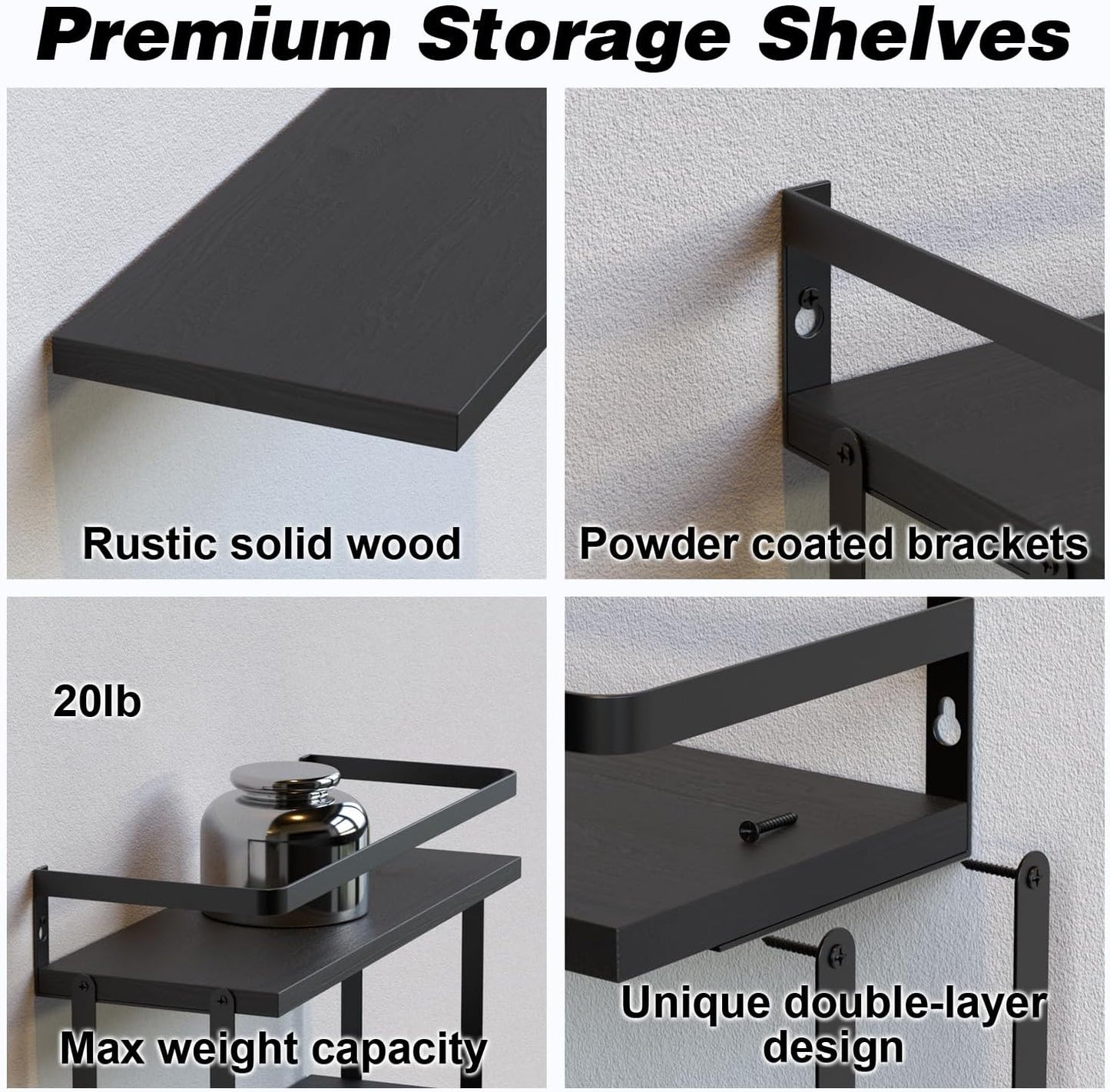 RICHER HOUSE Dual-Level Guardrail Floating Shelves, Rustic Wood Bathroom Shelf Wall Mounted, Over Toilet Paper Storage Shelves for Wall Decor, Bathroom Organizers - Black