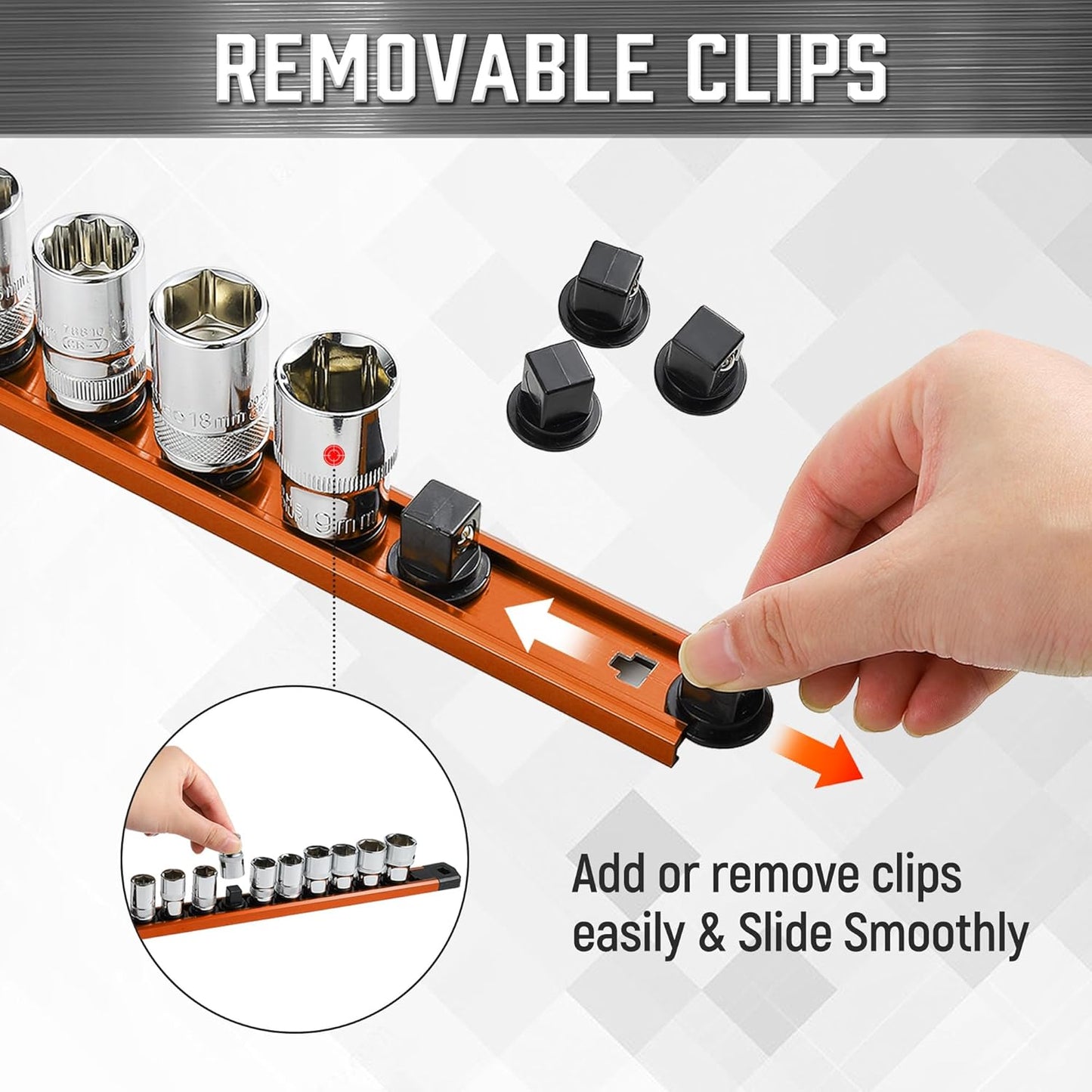 ALOANES 3-Piece Magnetic Socket Organizer, Heavy Duty Aluminum Socket Rails Organizer, 360° Swivel Clips Socket Holder Kit for Tool Box, 1/2-Inch Socket Holder x 36 Clips (Orange)