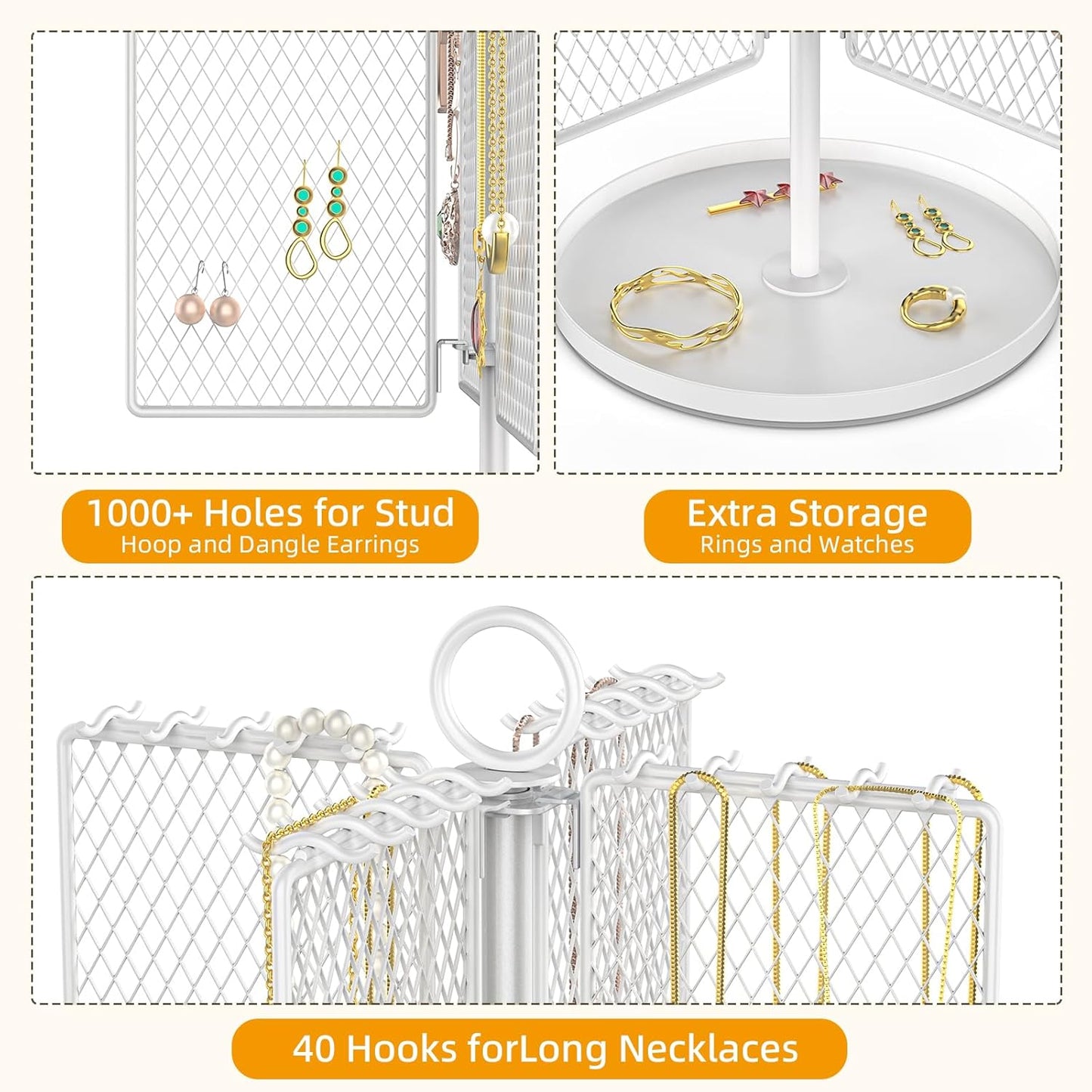 Rotating Necklace Holder Organizer, Necklace Storage Jewelry Stand, Metal Jewelry Stand with 40 Hooks for Necklace Earring Ring Bracelet Display Stand, Women Gifts - White