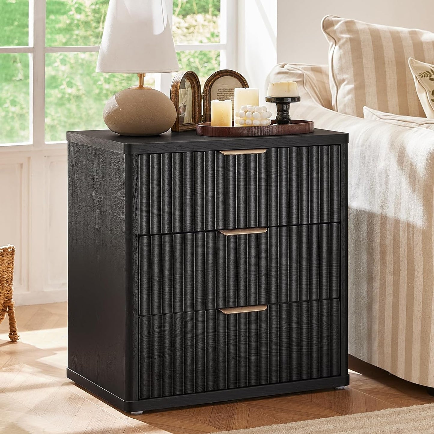 LEYAOYAO 23" Wide Fluted Farmhouse Night Stand Set of 2 with Charging Station, 3 Drawers Large End Table w/Metal Handle,Black Nightstand Bedside Table,Wood Dresser for Bedroom, Closet