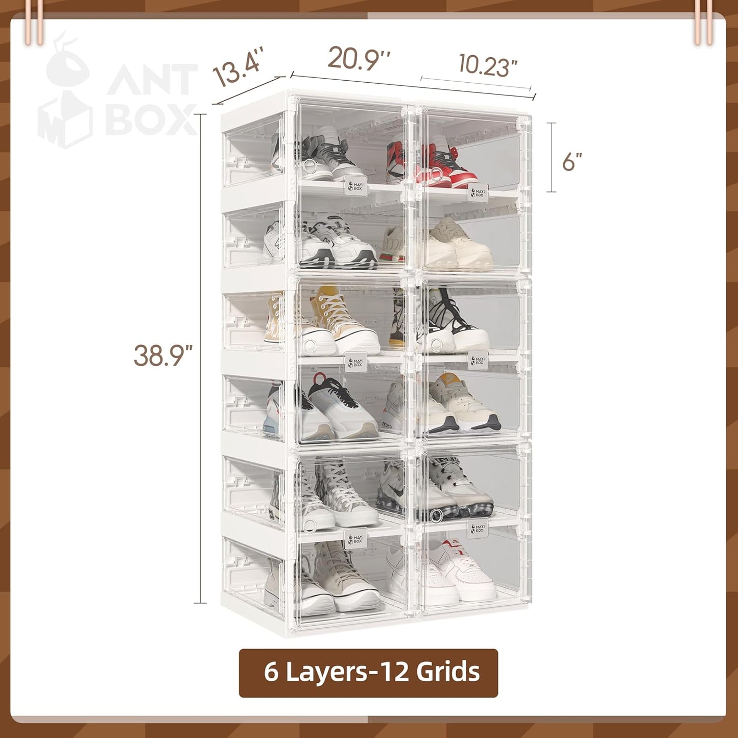 ANTBOX Foldable Shoe Rack,Shoe Organizers for Closet Plastic Shoe Storage Box Space Saving for Entryway, Large Sturdy Stackable Sneaker Cabinet Bins with Magnetic Clear Door 6 Tiers 12 Pairs
