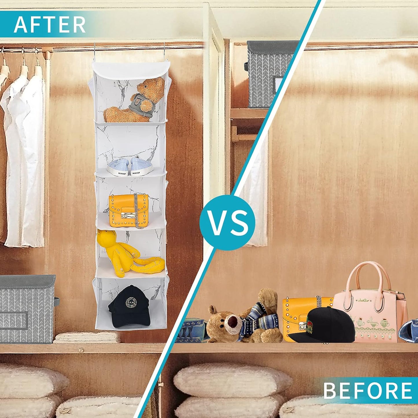 5 Shelves Hanging Closet Organizer, 2 Pack Hanging Storage with 6 Side Pockets for Clothes Shoes, 43"x12"x12"(Marblizing)