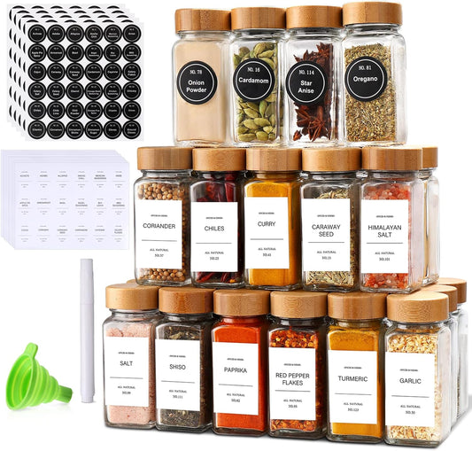 DIMBRAH Spice Jars with Label 24Pcs,Seasoning Containers,Glass Spice Jars with Bamboo Lids,Kitchen Essentials,Spices Container Set,Kitchen Set,Seasoning Organizer,Spice Rack Organizer for Cabinet