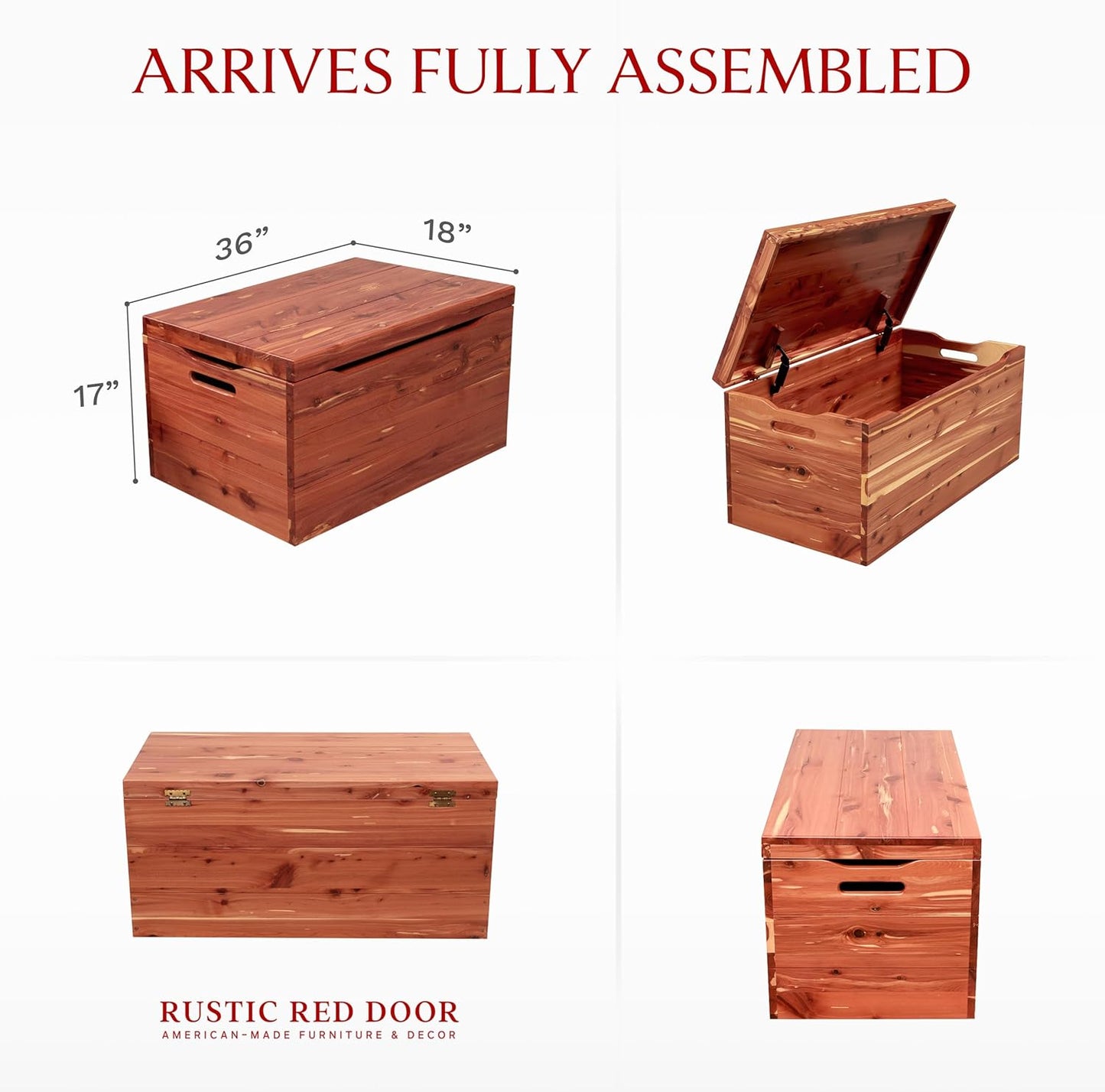 Amish Made Wooden Storage Chest Trunk Box with Lid and Handles for Bedroolanket, Clothes, Anti-Slam Hinges, Handmade, Rustic, Cedar Wood, Natural Stain, 36"
