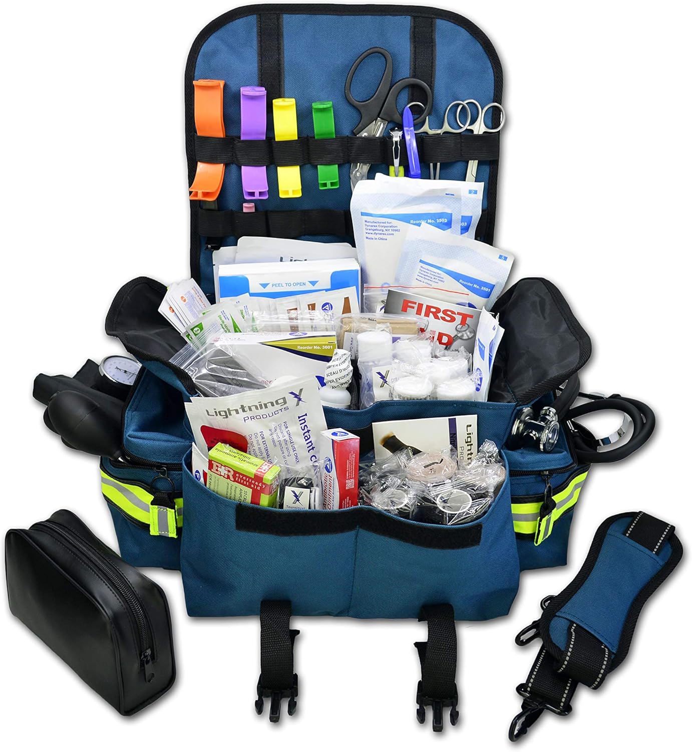Lightning X Personalized First Responder EMT EMS Trauma Bag w/Stocked First Aid Fill Kit B & Custom Embroidered Name Patch (Blue)