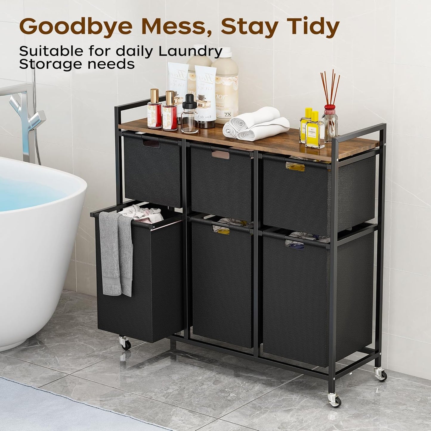 HOMEIJU Laundry Basket with Wheels, Rolling Laundry Hamper Organizer with Large Desktop, Laundry Sorter with 6 Pull-Out and Removable Laundry Bags, Metal Frame, Rustic Brown and Black
