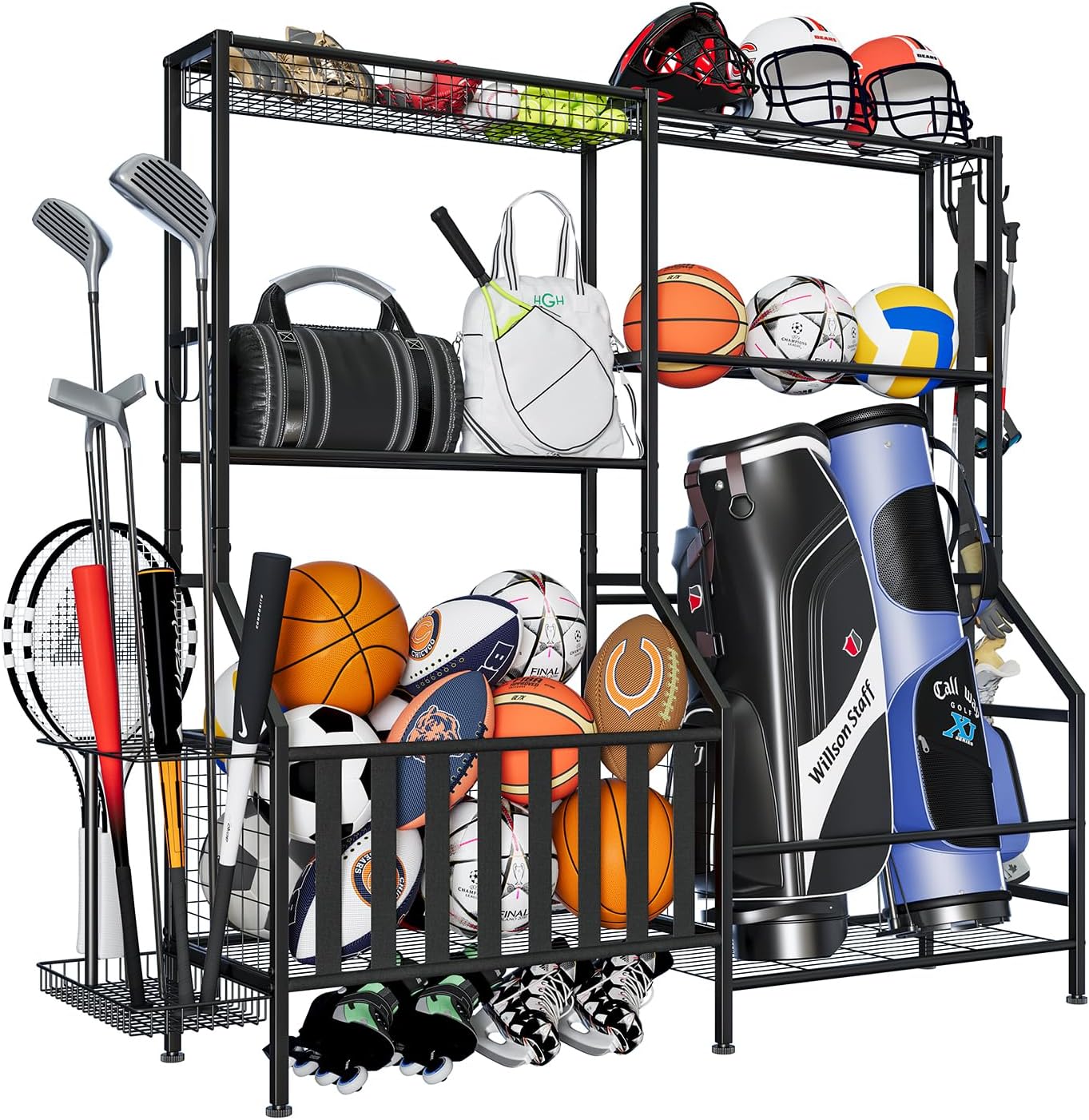 Sports Equipment Organizer, Heavy Duty Golf Bags Stand, Extra Large Ball Storage Rack for Garage