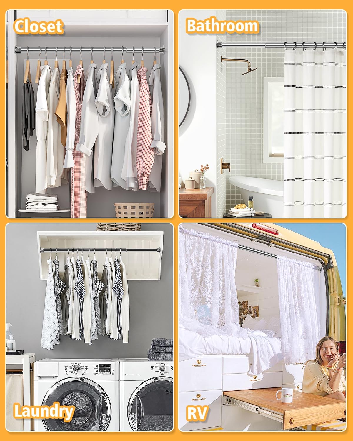 Closet Rod, 17 to 52 Inch Heavy Duty Adjustable Metal Clothing Rack for Hanging Clothes, Closet Poles for Wardrobes, Laundry, Durable Steel, Silver